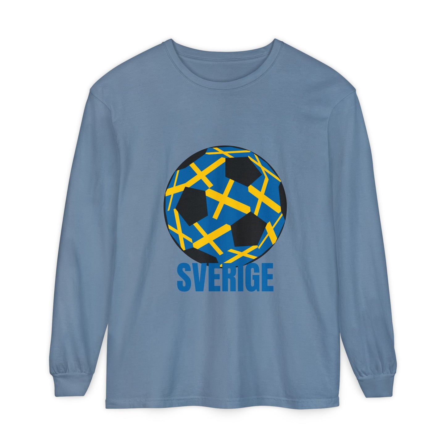 Sverige Fan Specialty Soccer Ball Design T Shirt Blue Text