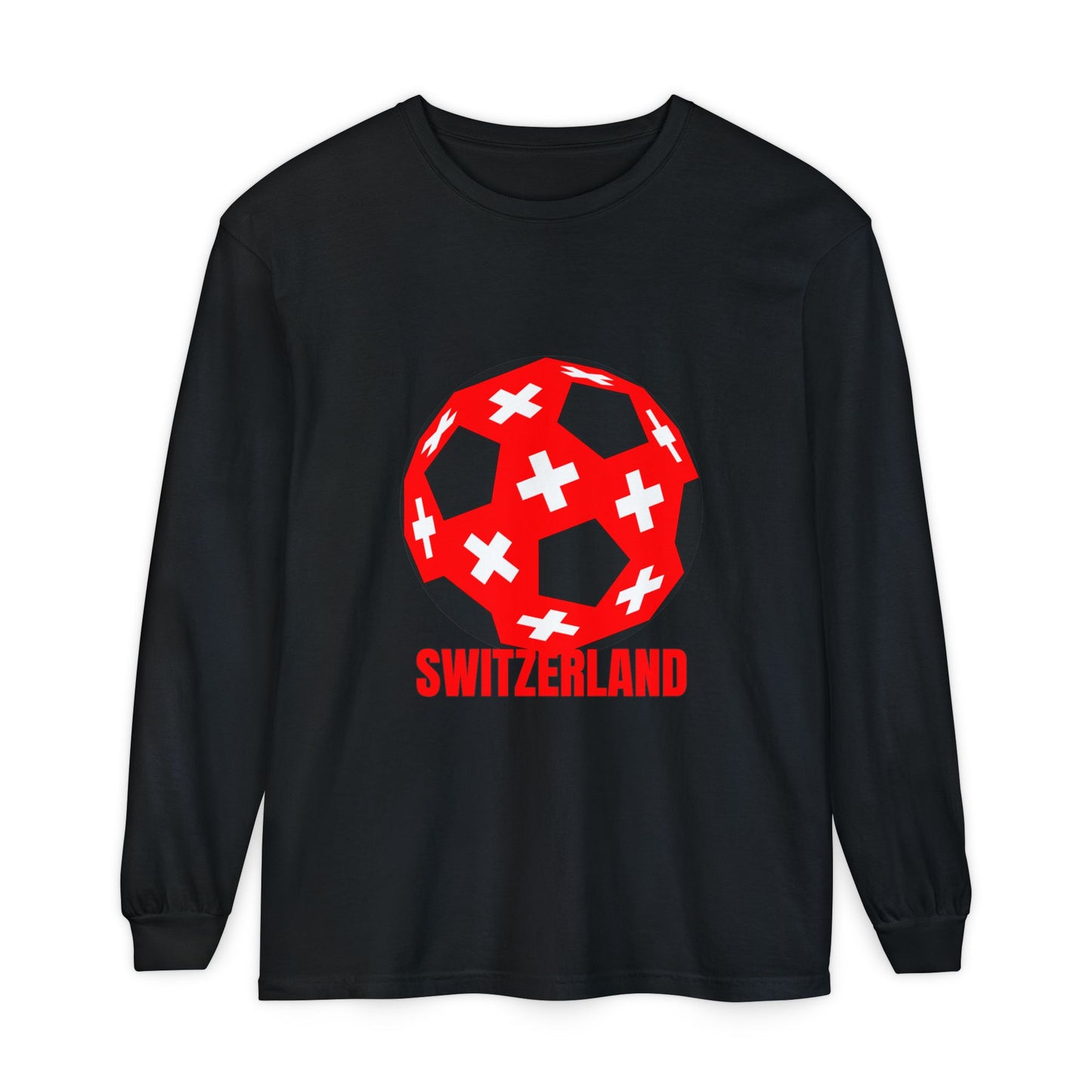 Switzerland Fan Specialty Soccer Ball Design T Shirt Long Sleeve Tee Red Text