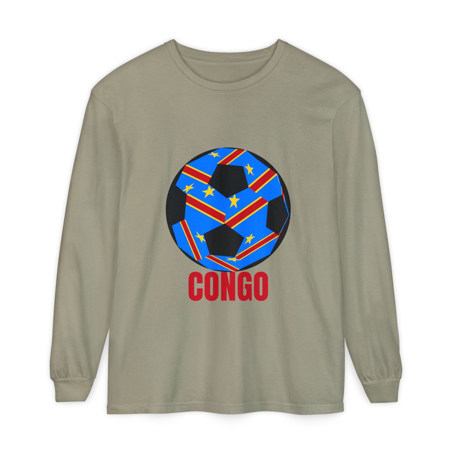 Congo Fan Specialty Soccer Ball Design T Shirt Long Sleeve Tee Red Text