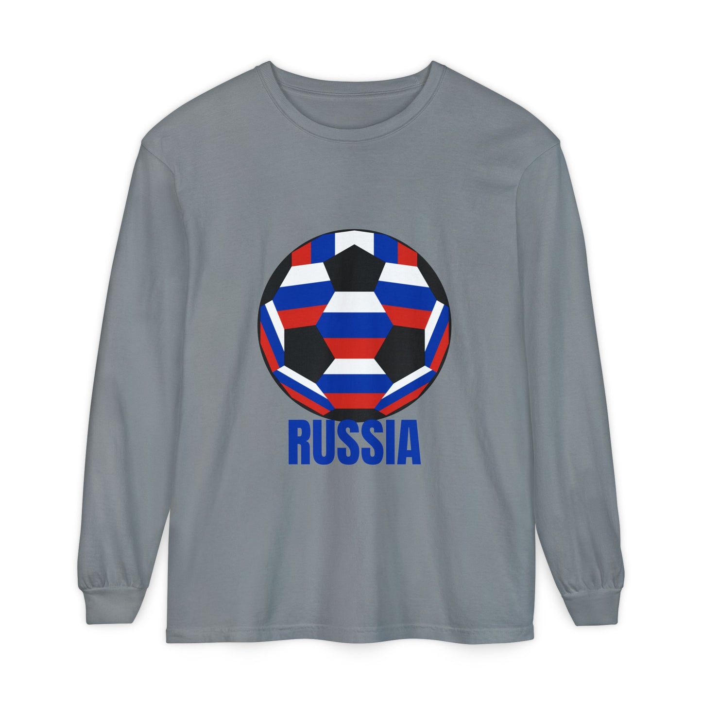 Russia Fan Specialty Soccer Ball Design T Shirt Long Sleeve T-Shirt Blue Text