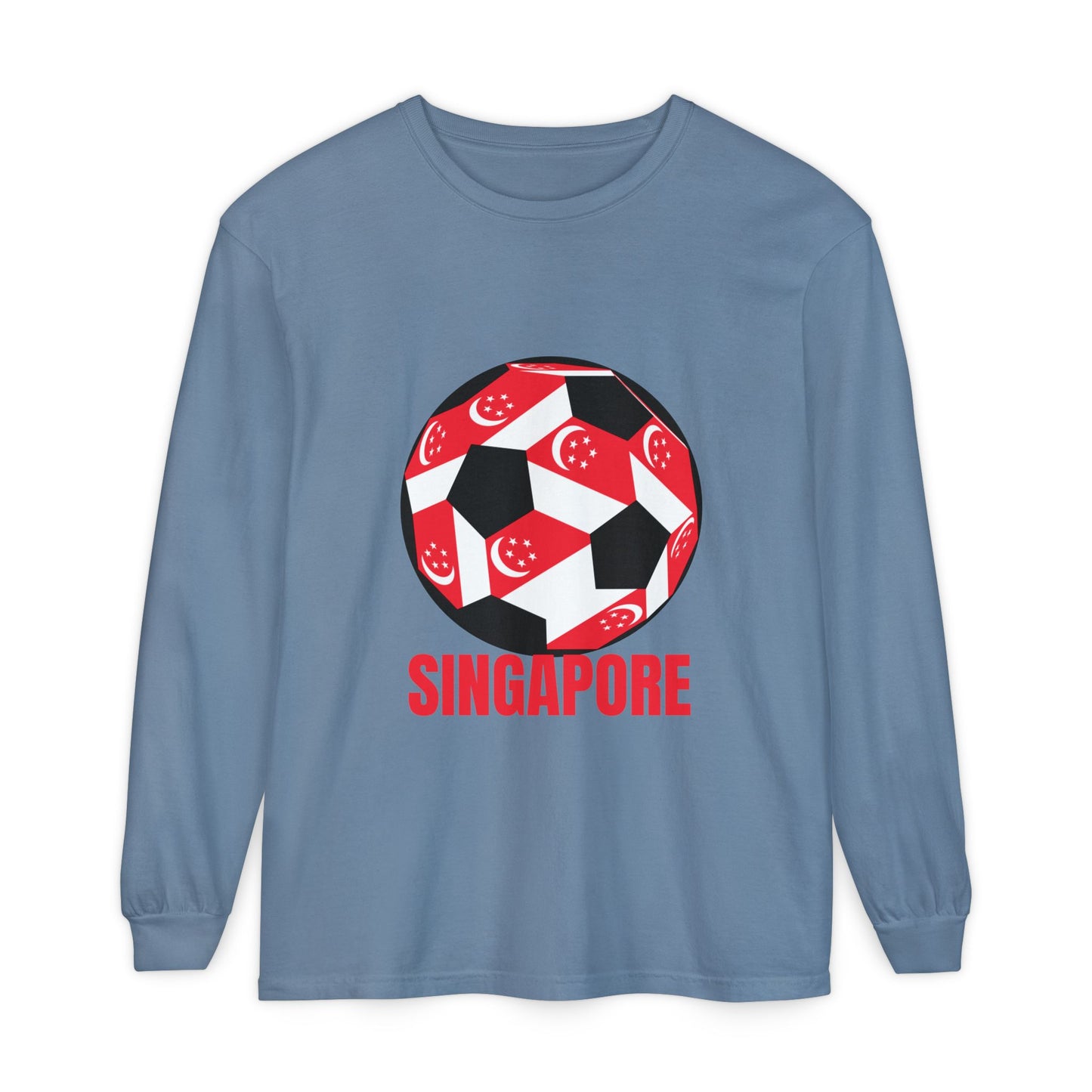 Singapore Fan Specialty Soccer Ball Design T ShirtLong Sleeve Tee Red Text
