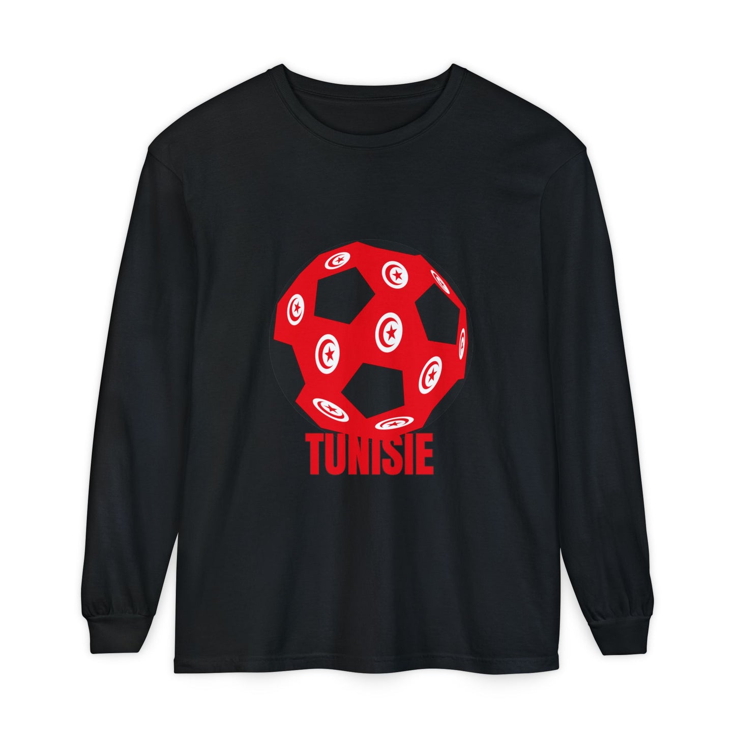 Tunisie Fan Specialty Soccer Ball Design T Shirt Long Sleeve Tee Red Text