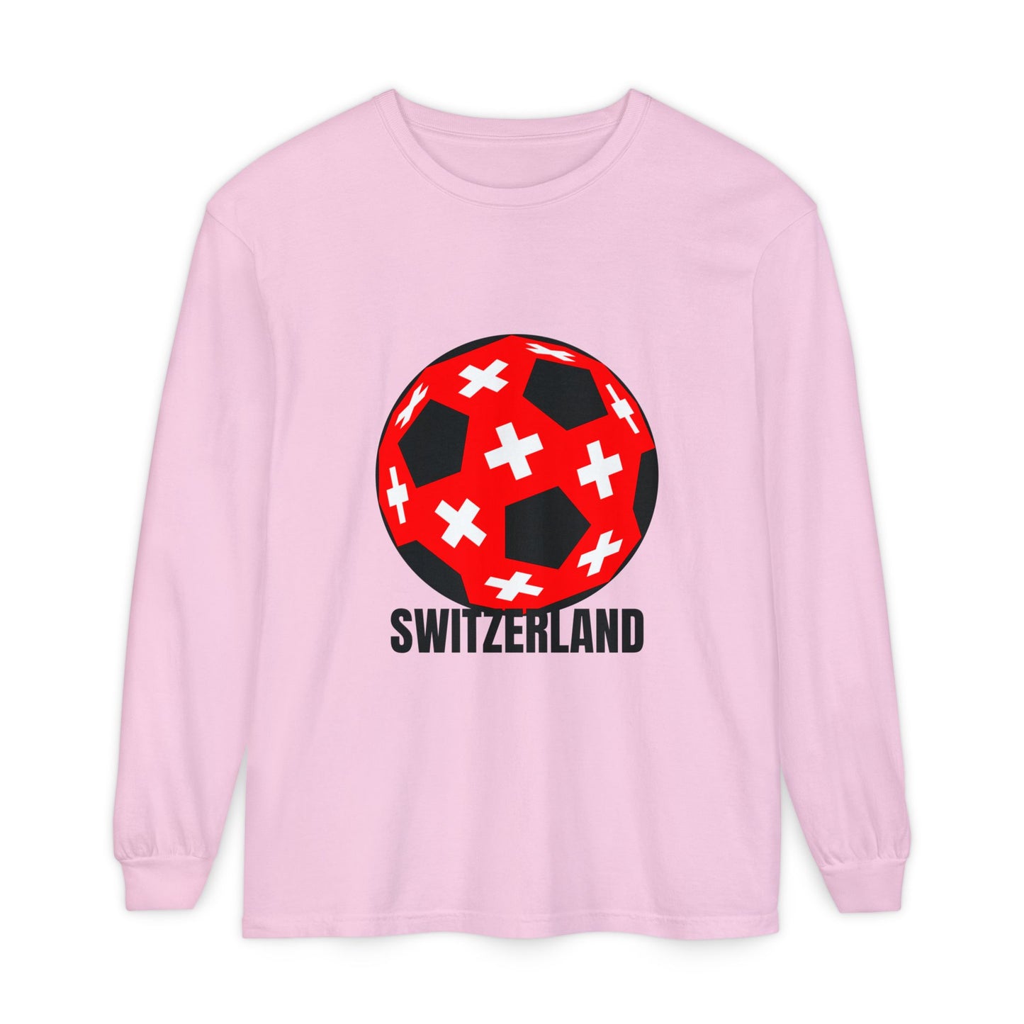 Switzerland Fan Specialty Soccer Ball Design T Shirt Long Sleeve Tee Black Text