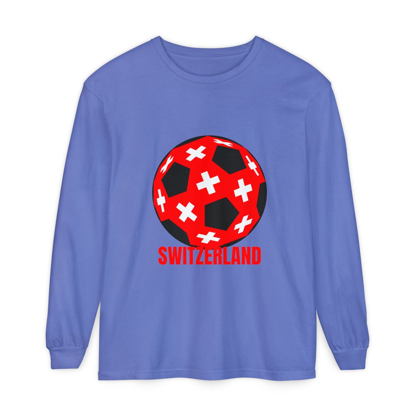 Switzerland Fan Specialty Soccer Ball Design T Shirt Long Sleeve Tee Red Text