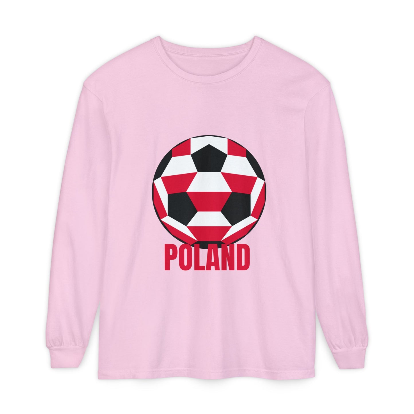 Poland Fan Specialty Soccer Ball Design T Shirt Long Sleeve T-Shirt Red Text