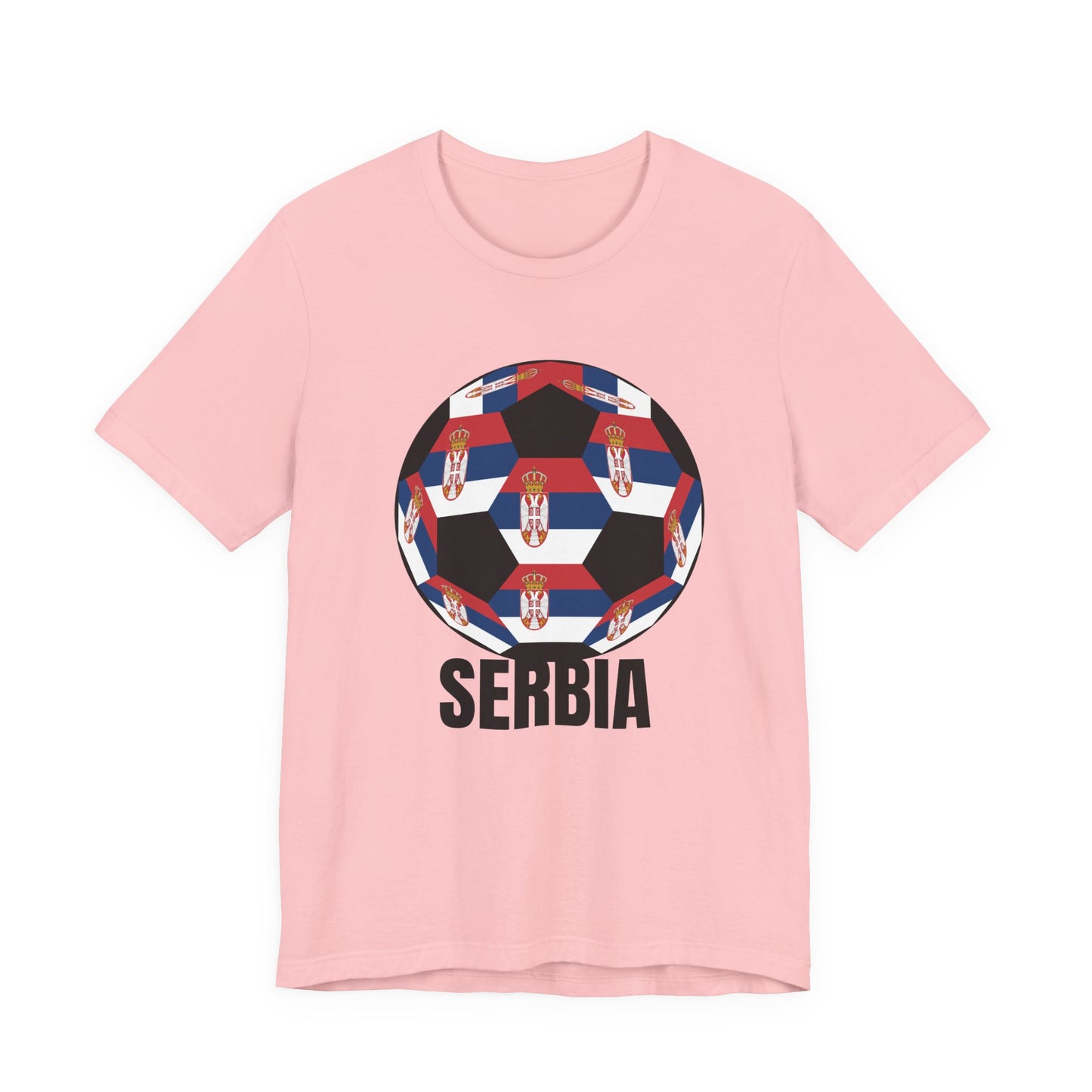 Serbia Fan Specialty Soccer Ball Design T Shirt Black Text