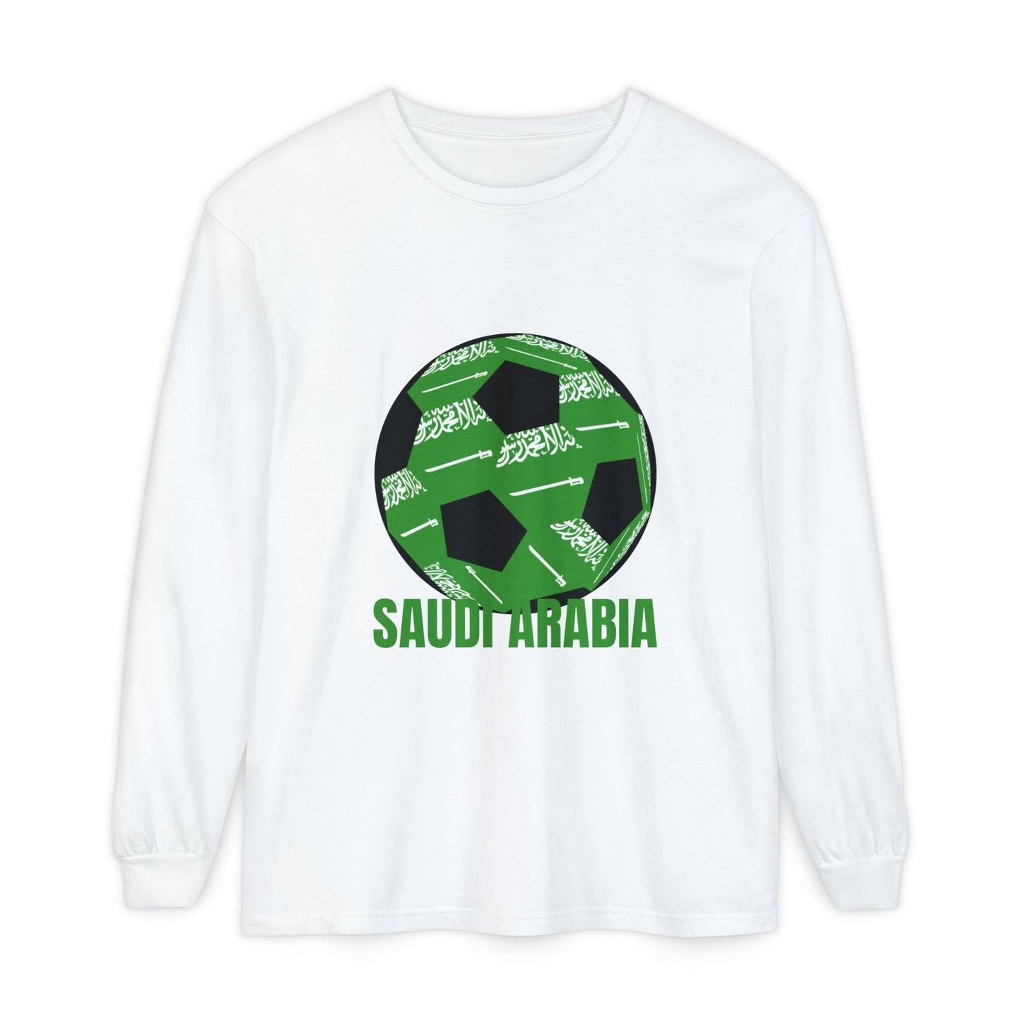 Saudi Arabia Fan Specialty Soccer Ball Design T Shirt Long Sleeve Tee Green Text