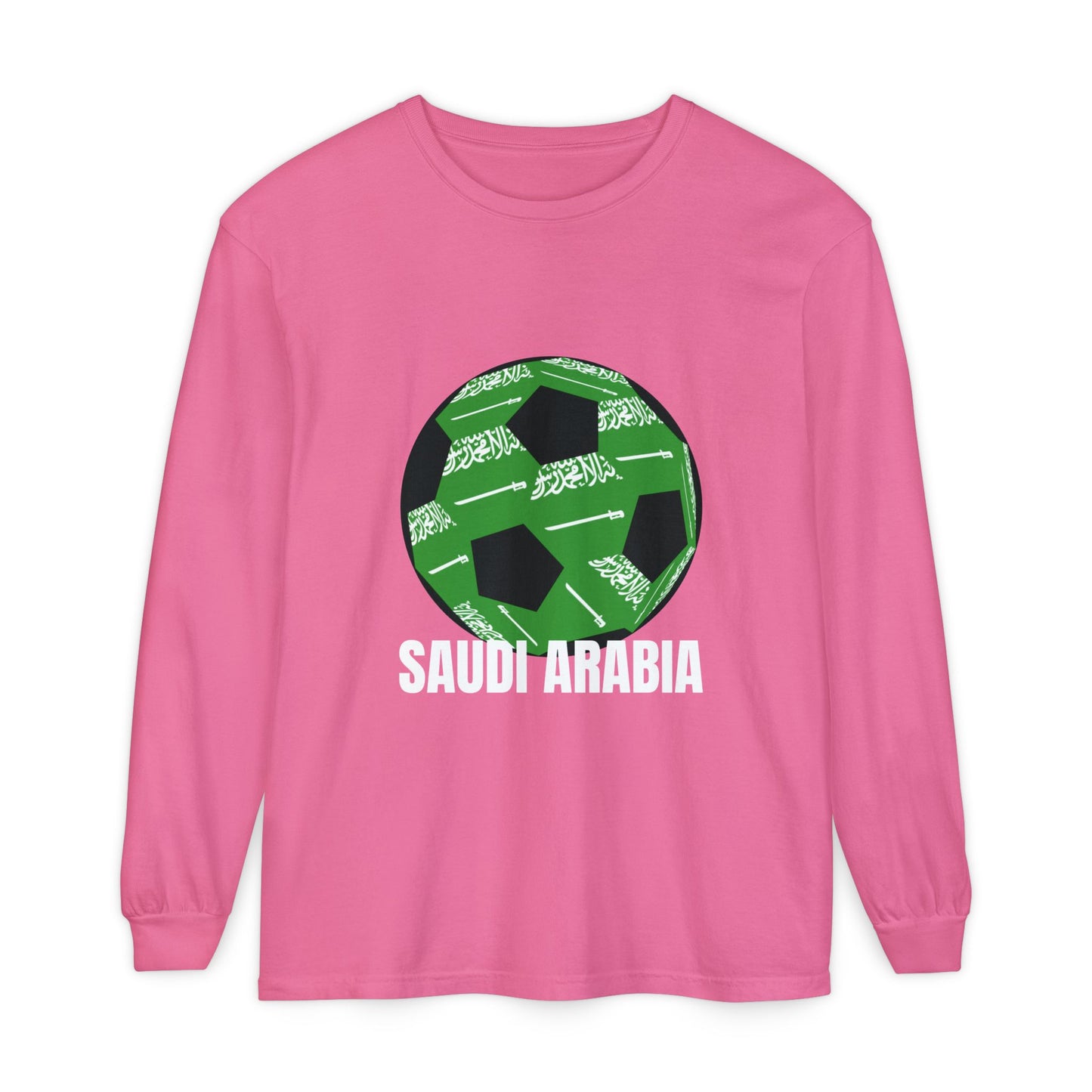 Saudi Arabia Fan Specialty Soccer Ball Design T Shirt Long Sleeve Tee White Text