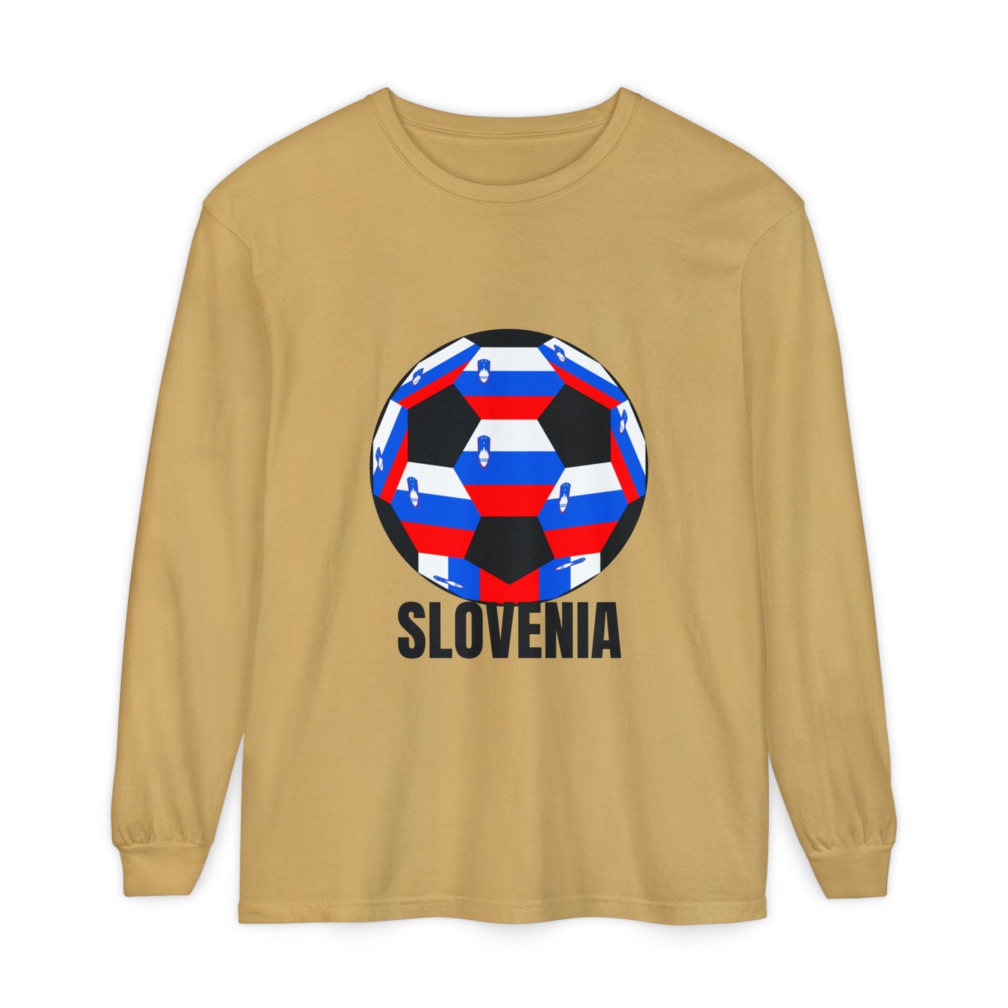 Slovenia Fan Specialty Soccer Ball Design Long Sleeve Tee Black Text