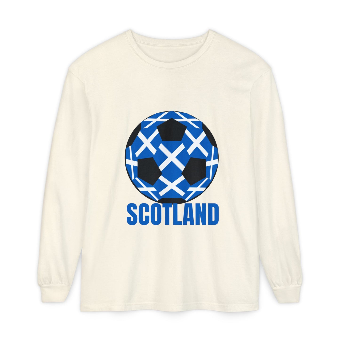 Scotland Fan Specialty Soccer Ball Design T Shirt Long Sleeve Tee Blue Text