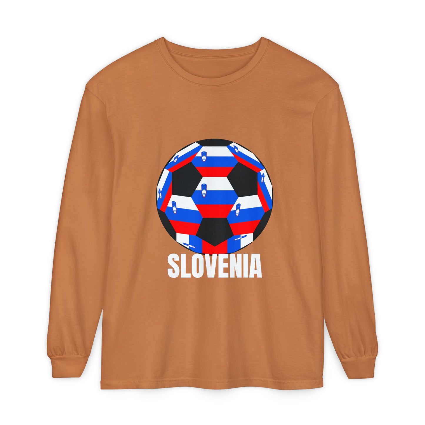 Slovenia Fan Specialty Soccer Ball Design T Shirt Long Sleeve Shirt White Text