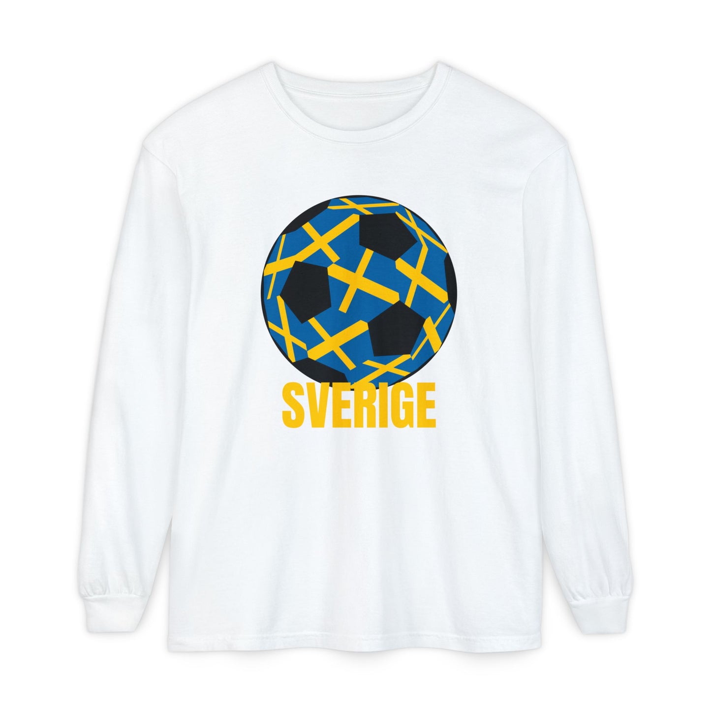 Sverige Fan Specialty Soccer Ball Design T Shirt Gold Text