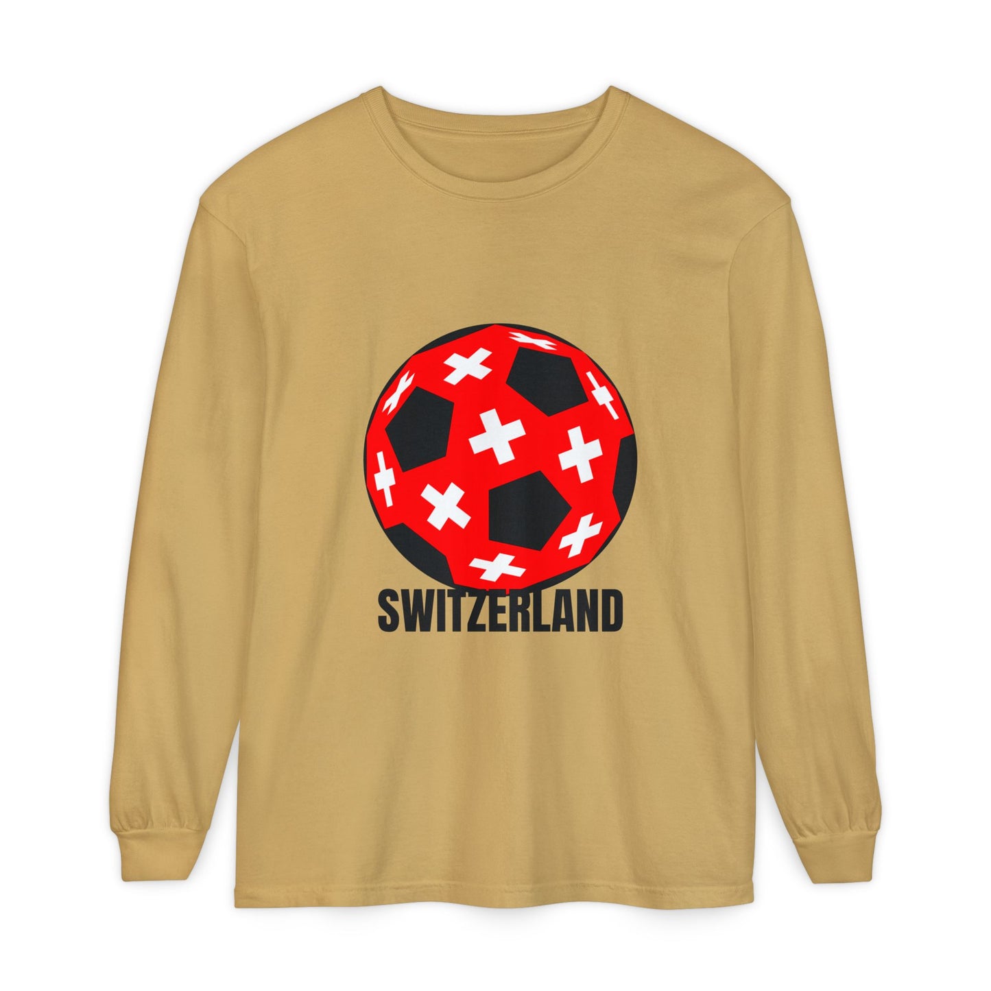 Switzerland Fan Specialty Soccer Ball Design T Shirt Long Sleeve Tee Black Text