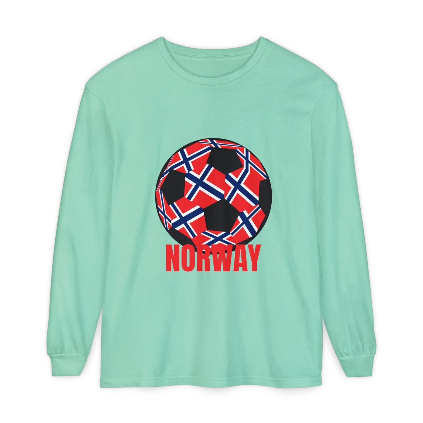 Norway Fan Specialty Soccer Ball Design T Shirt Long Sleeve Tee Red Print