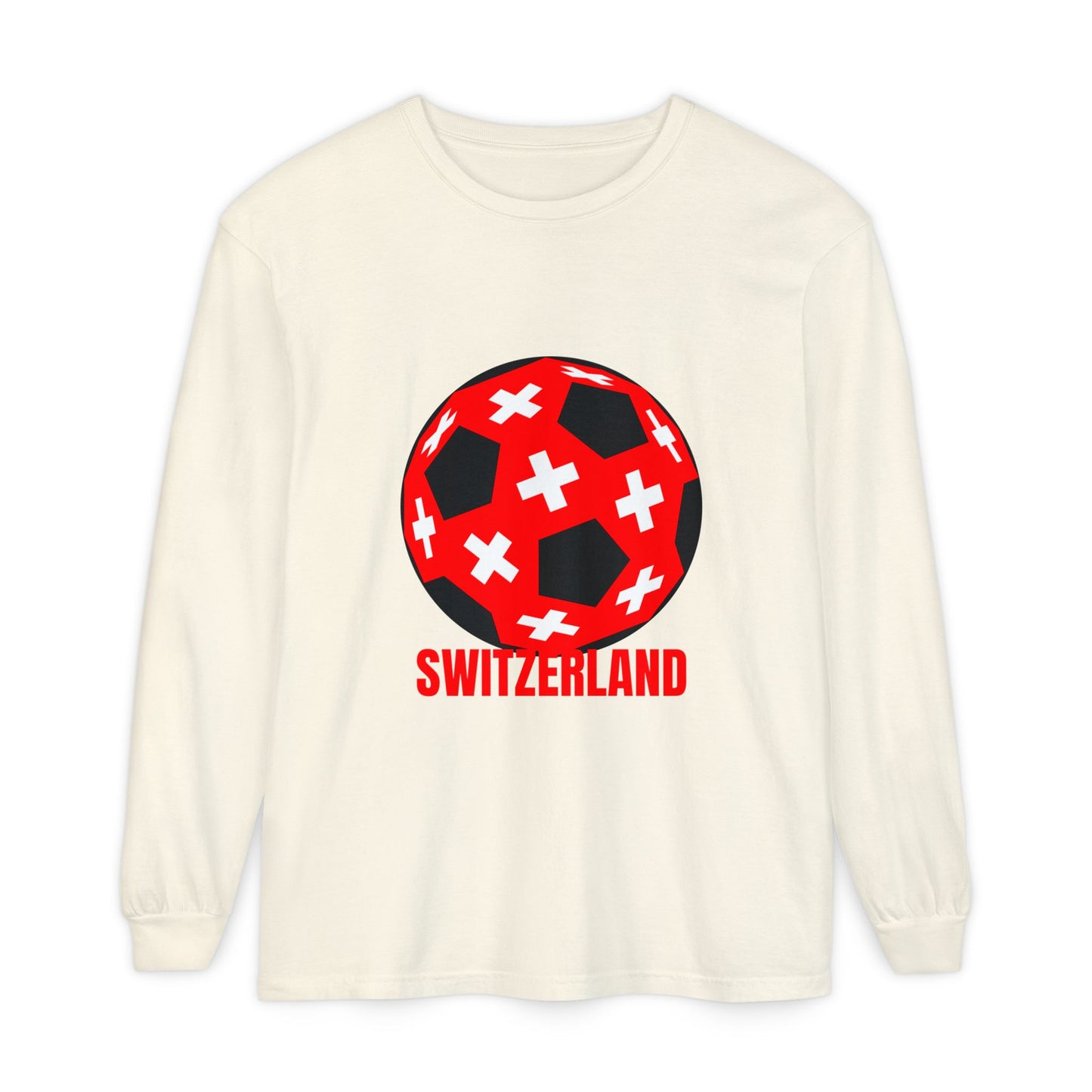 Switzerland Fan Specialty Soccer Ball Design T Shirt Long Sleeve Tee Red Text