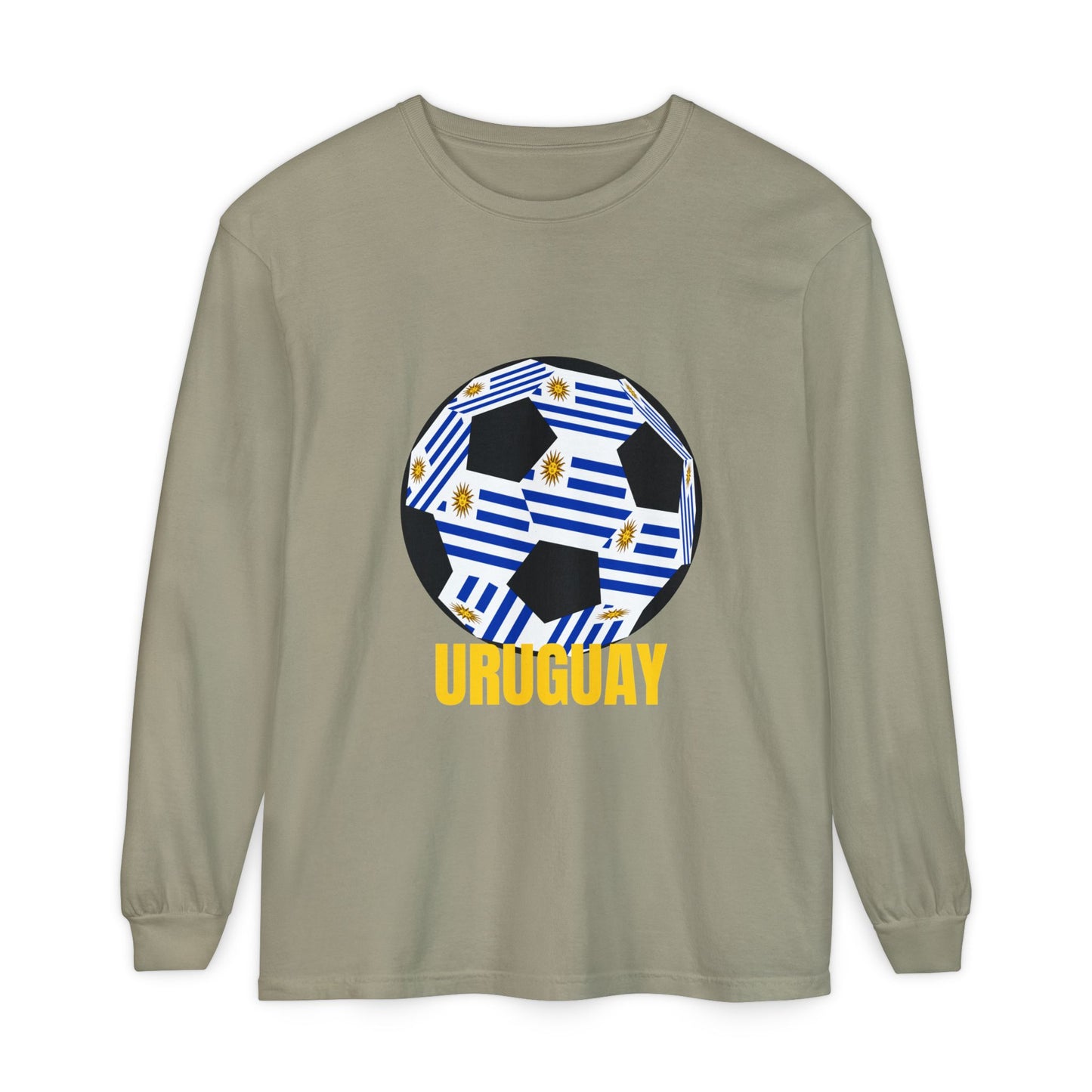 Uruguay Fan Specialty Soccer Ball Design Long Sleeve T Shirt Gold Text