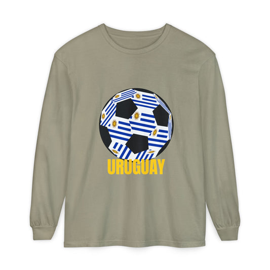 Uruguay Fan Specialty Soccer Ball Design Long Sleeve T Shirt Gold Text