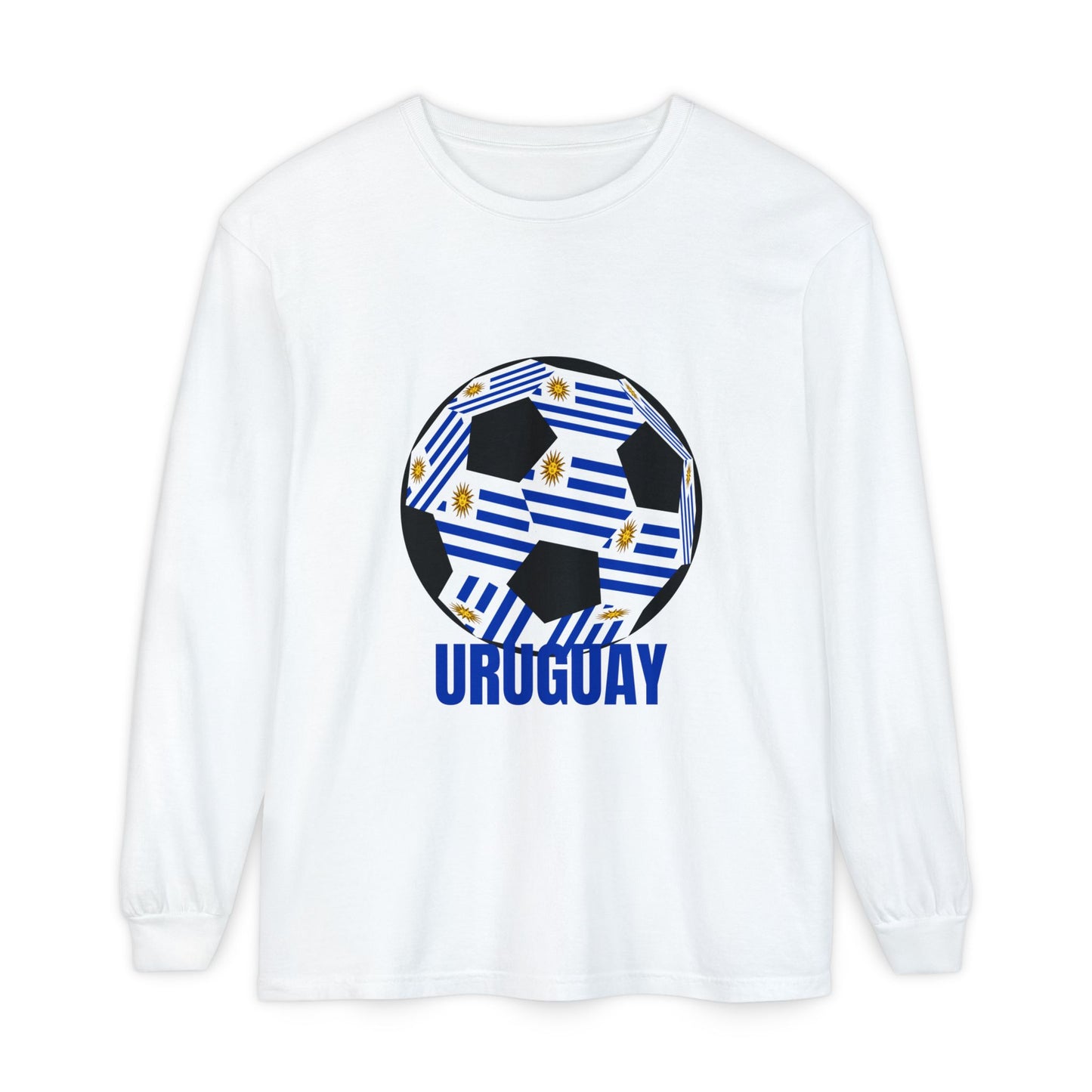 Uruguay Fan Specialty Soccer Ball Design Long Sleeve T-Shirt Blue Text
