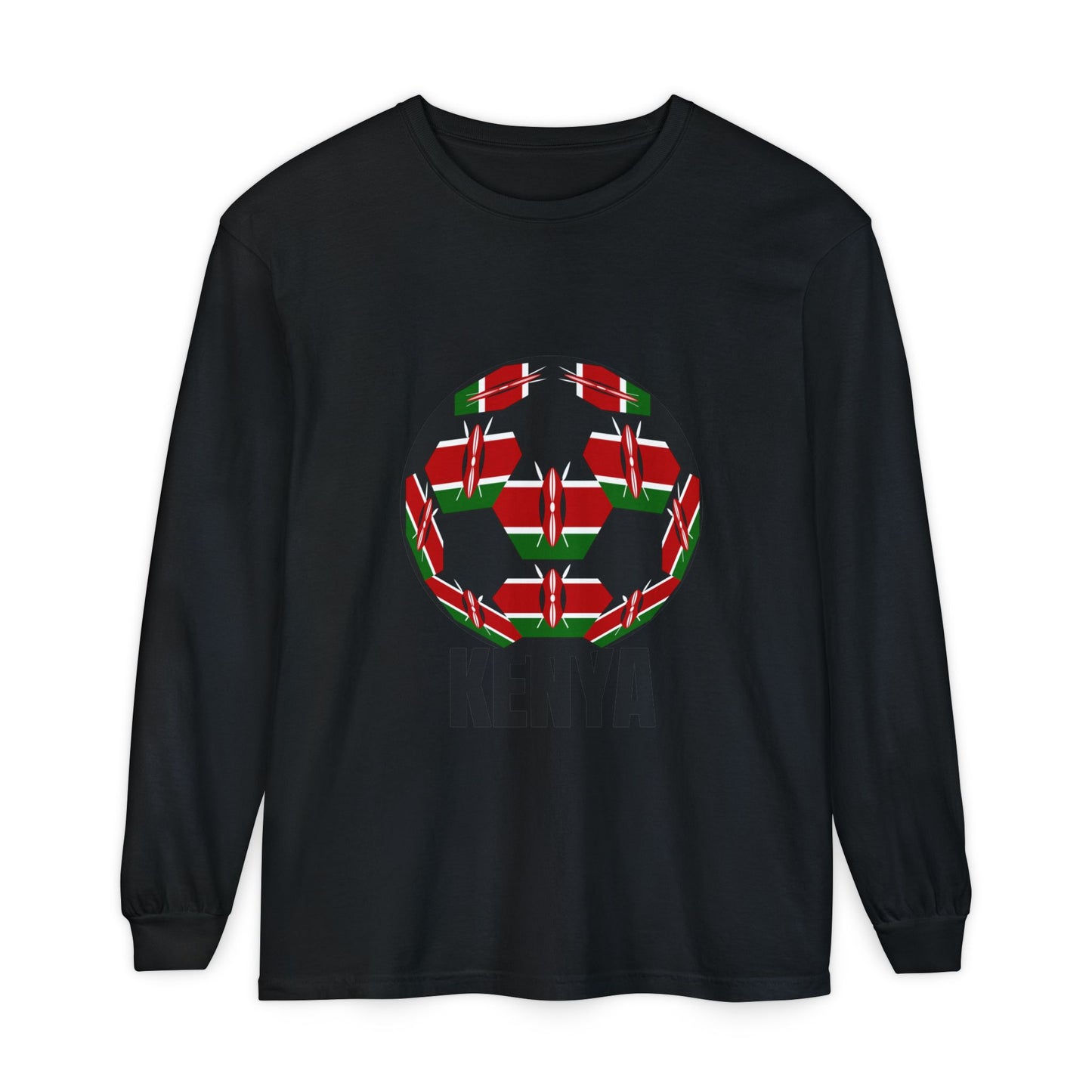 Kenya Fan Specialty Soccer Ball Design Long Sleeve Tee Black Text
