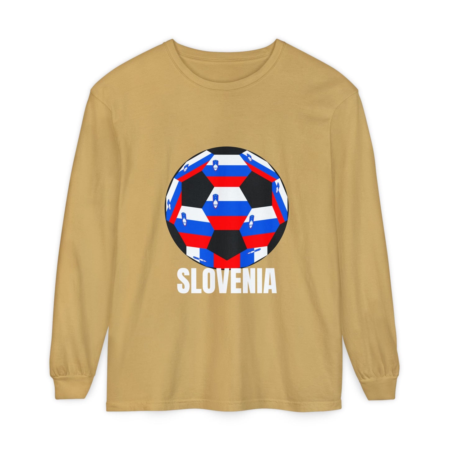 Slovenia Fan Specialty Soccer Ball Design T Shirt Long Sleeve Shirt White Text