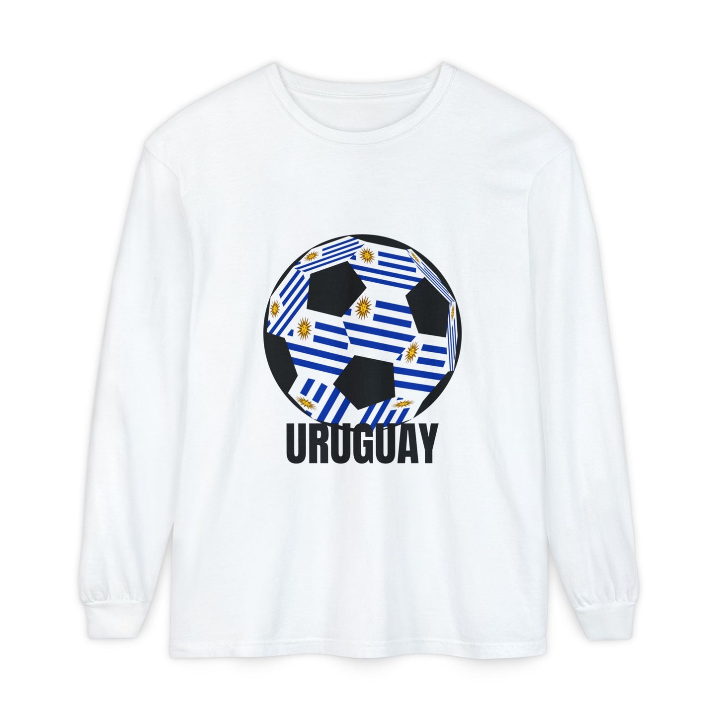 Uruguay Fan Specialty Soccer Ball Design Long Sleeve T-Shirt Black Text