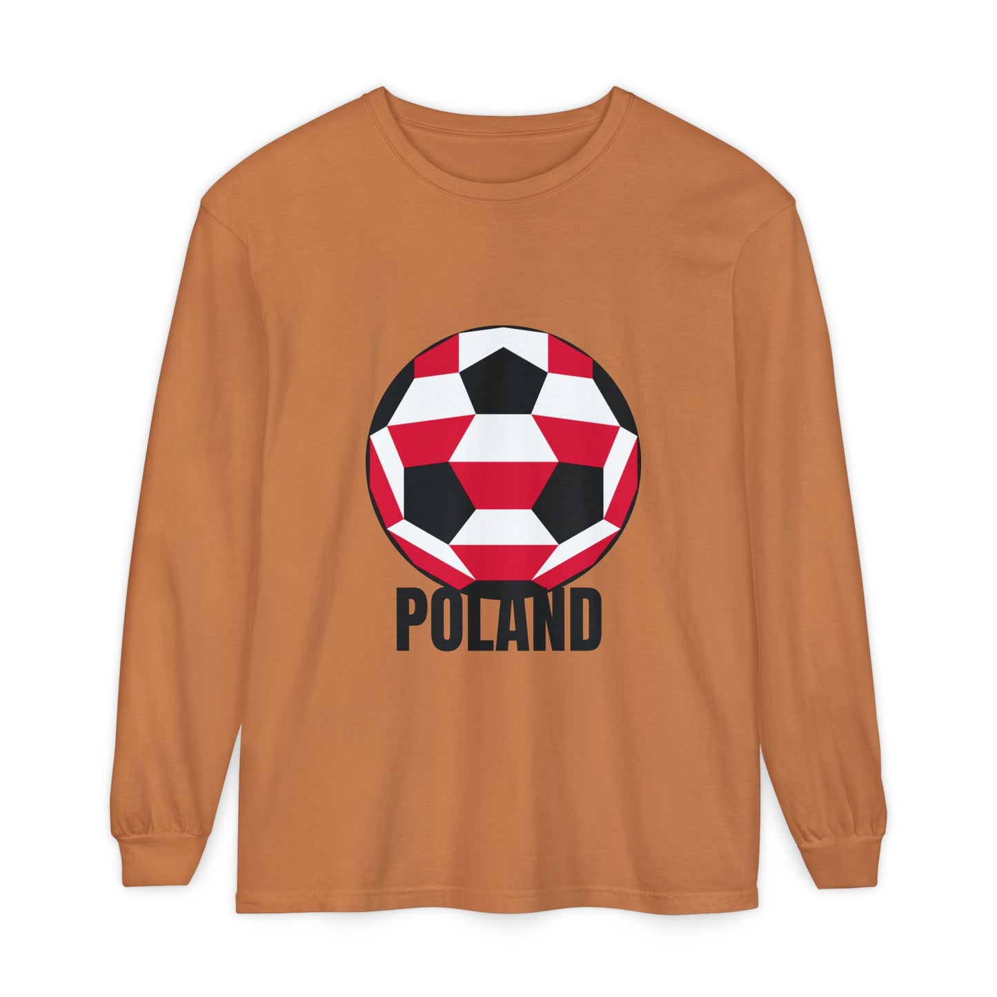 Poland Fan Specialty Soccer Ball Design T Shirt Long Sleeve Shirt Black Text