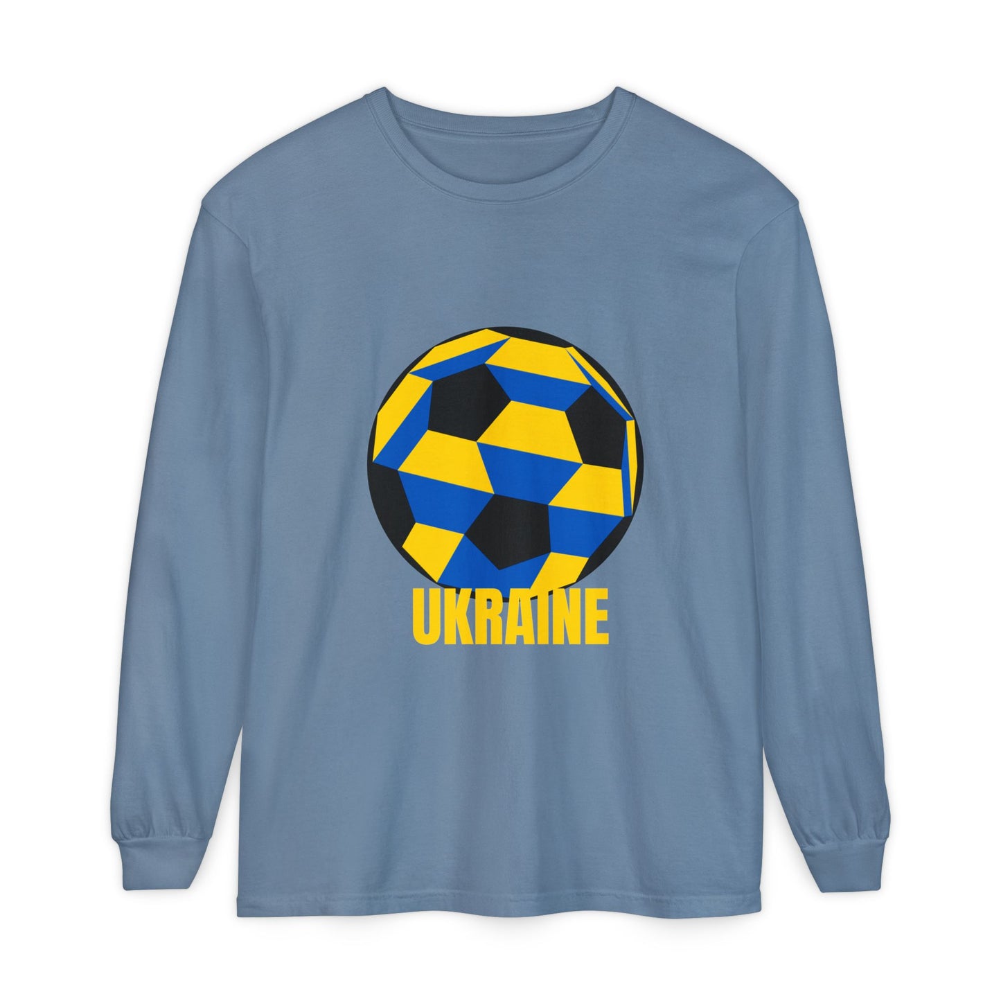 Ukraine Fan Specialty Soccer Ball Design Long Sleeve Tee Yellow Text