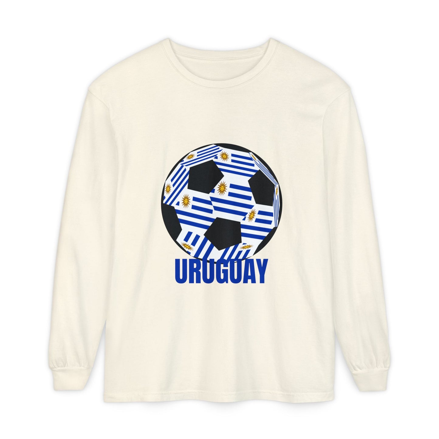 Uruguay Fan Specialty Soccer Ball Design Long Sleeve T-Shirt Blue Text