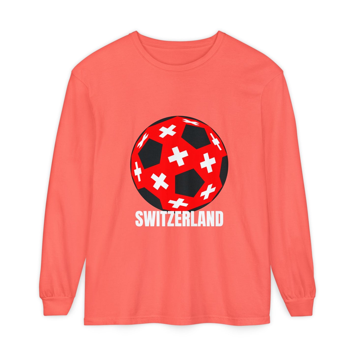 Switzerland Fan Specialty Soccer Ball Design T Shirt Long Sleeve Tee White Text