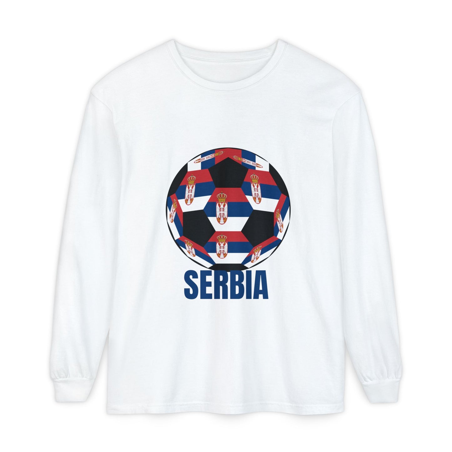 Serbia Fan Specialty Soccer Ball Design T Shirt Long Sleeve Shirt Blue Text
