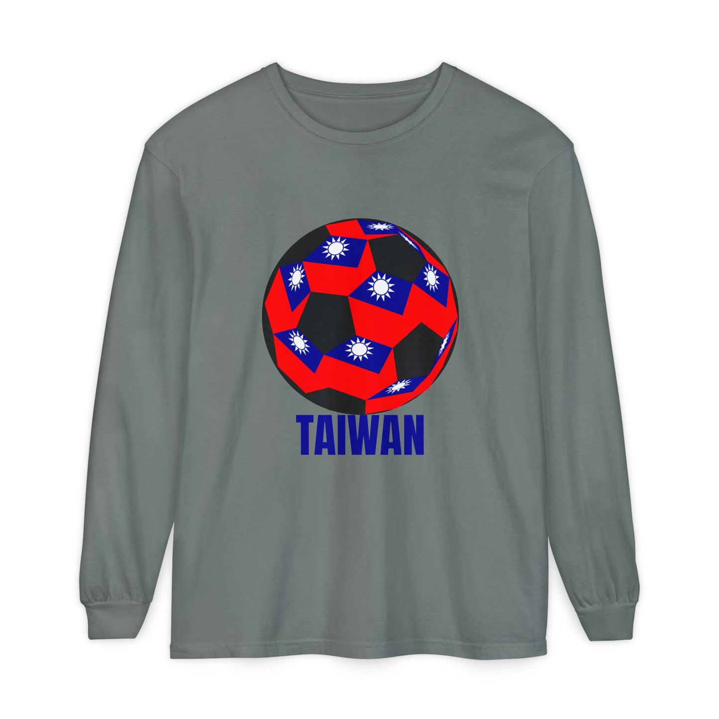 Taiwan Flag Design Soccer Ball Long Sleeve Tee Blue Text
