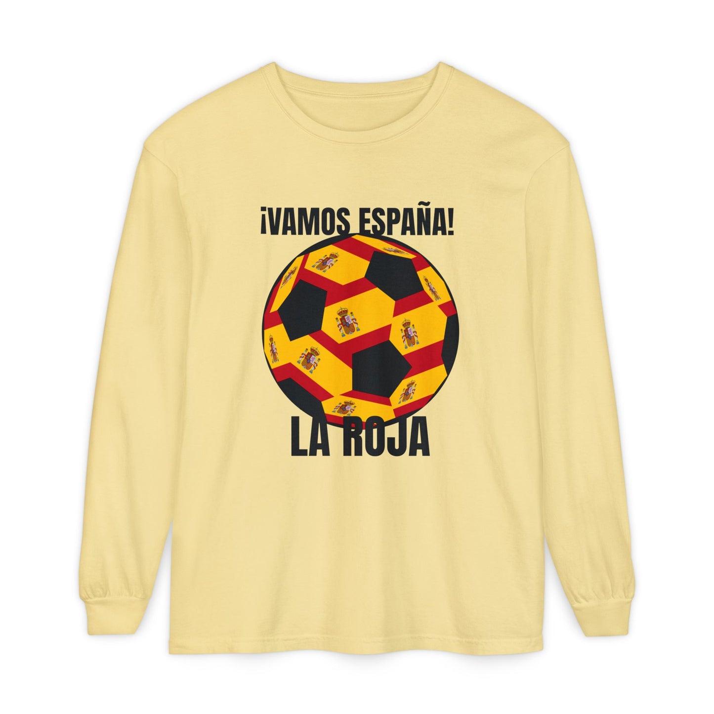 La Roja Soccer Long Sleeve Tee - ¡Vamos España! Stadium Fan Shirt Black Text