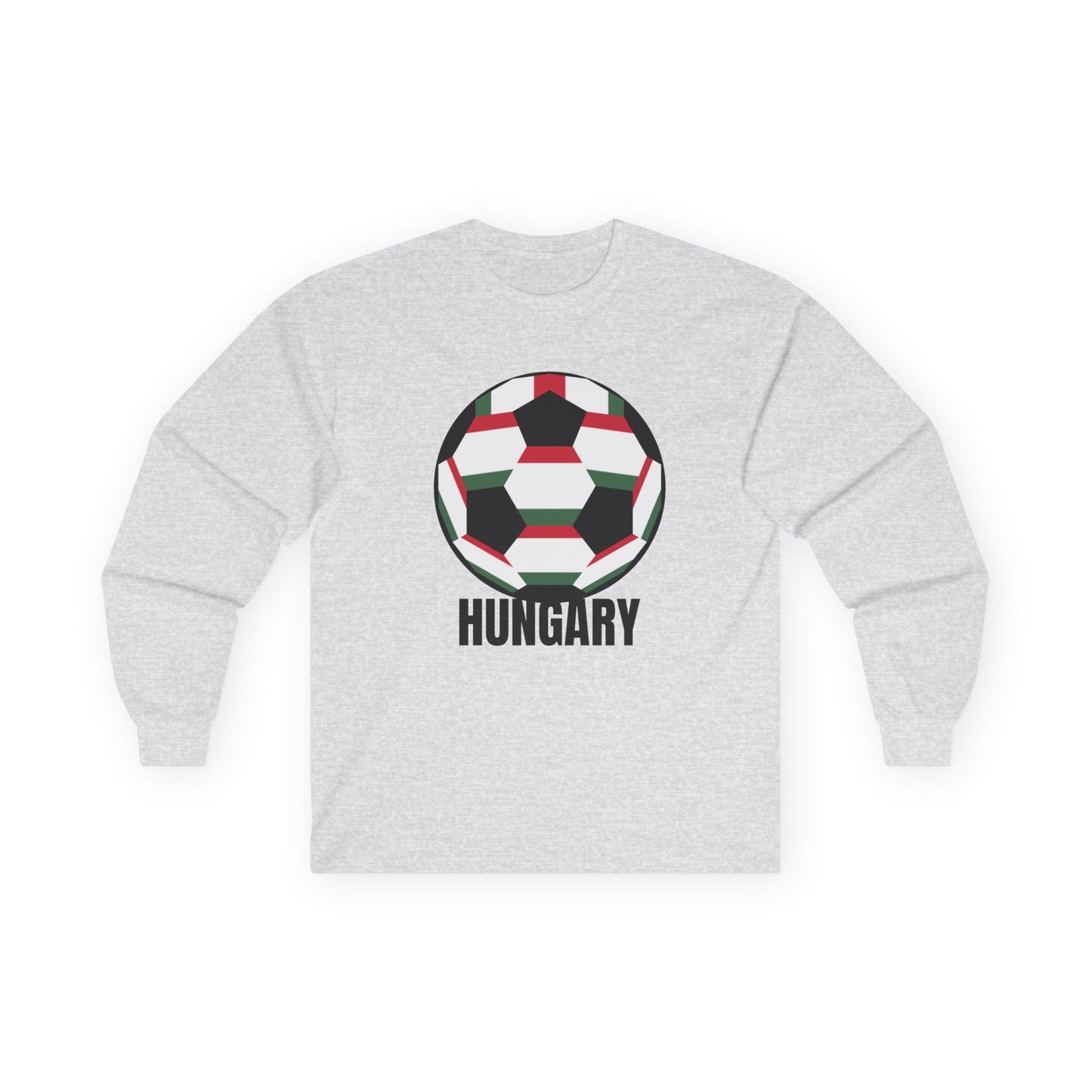 Hungary Fan Specialty Soccer Ball Design Long Sleeve T  Black Text