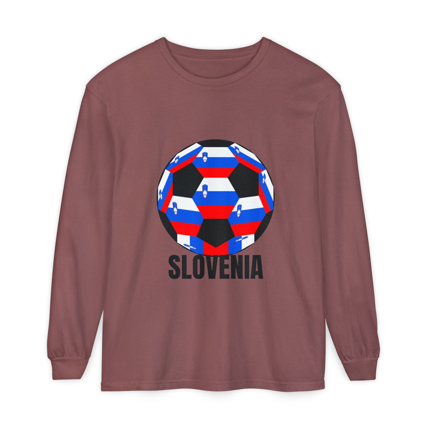 Slovenia Fan Specialty Soccer Ball Design Long Sleeve Tee Black Text