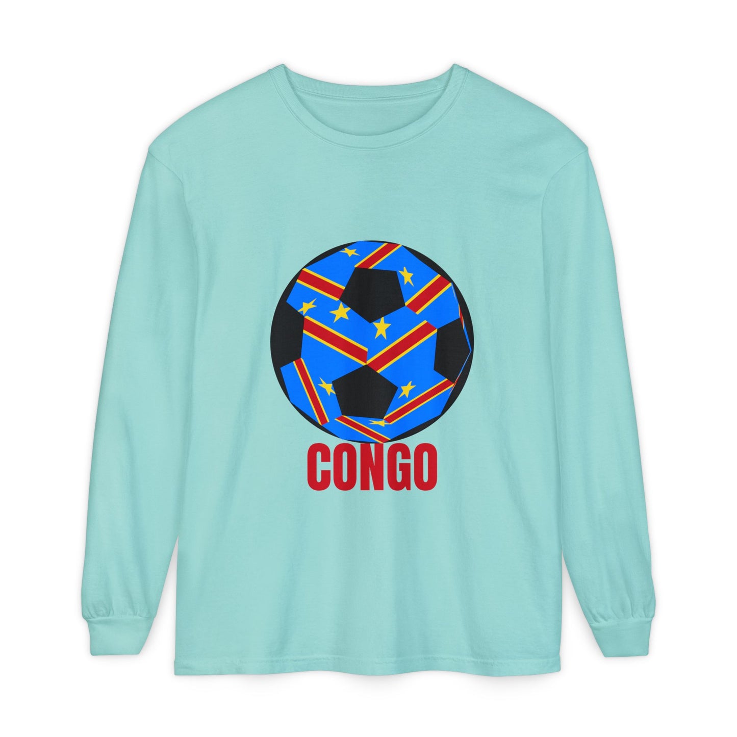 Congo Fan Specialty Soccer Ball Design T Shirt Long Sleeve Tee Red Text