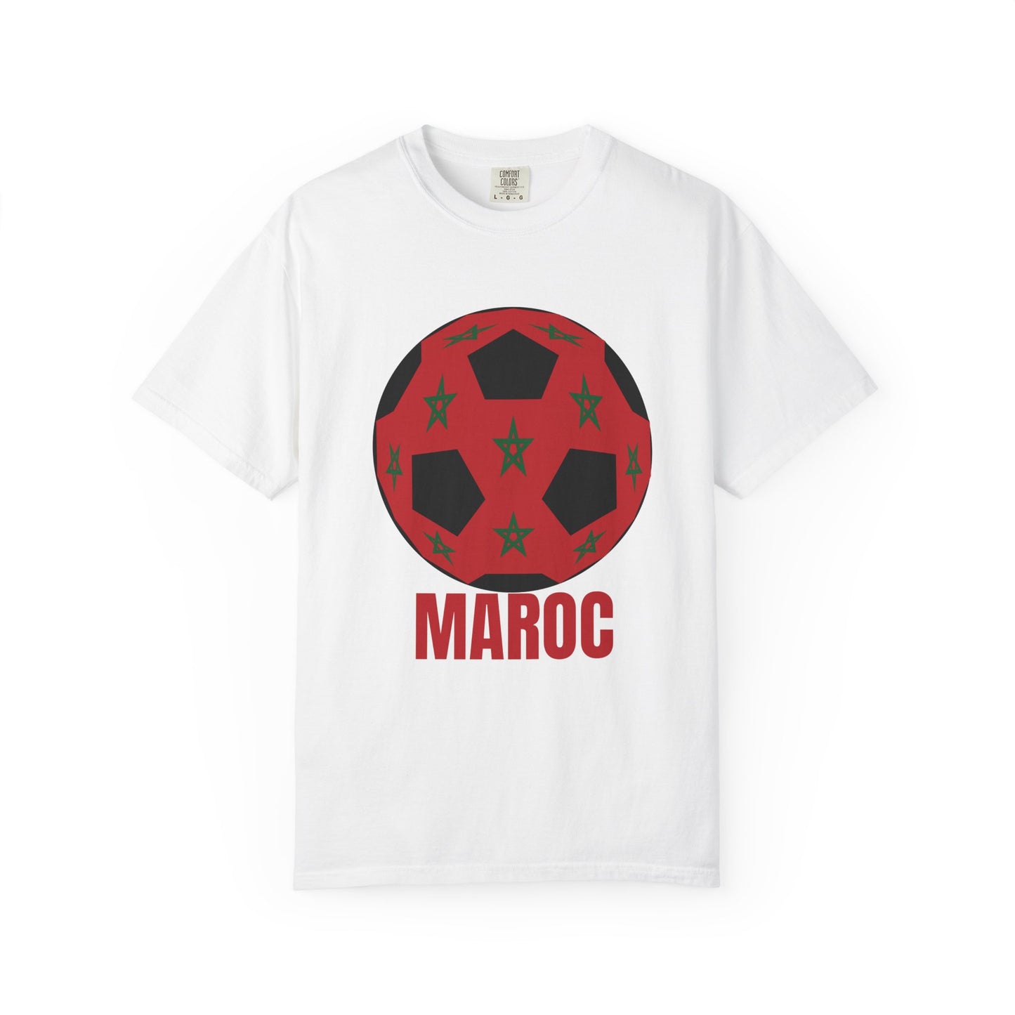 Morocco Maroc Fan Specialty Soccer Ball Design T Shirt Red Text