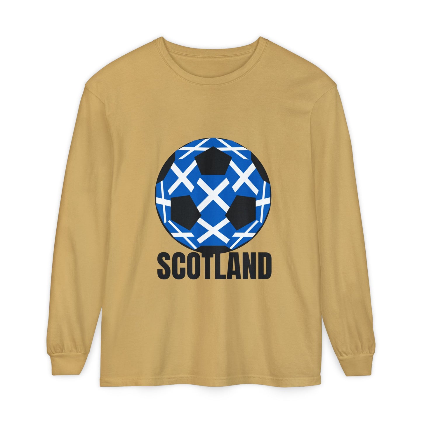 Scotland Fan Specialty Soccer Ball Design T Shirt Long Sleeve Tee Black Text