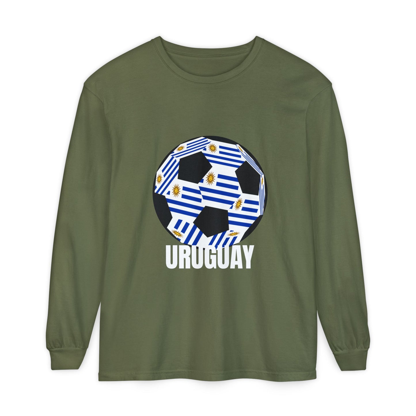 Uruguay Fan Specialty Soccer Ball Design Long Sleeve T‑Shirt White Text
