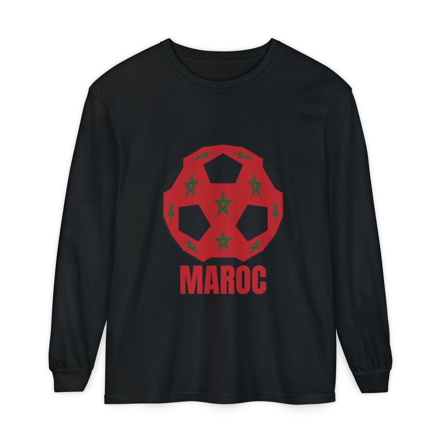 Morocco Maroc Fan Specialty Soccer Ball Design T Shirt Long Sleeve Tee Red Print