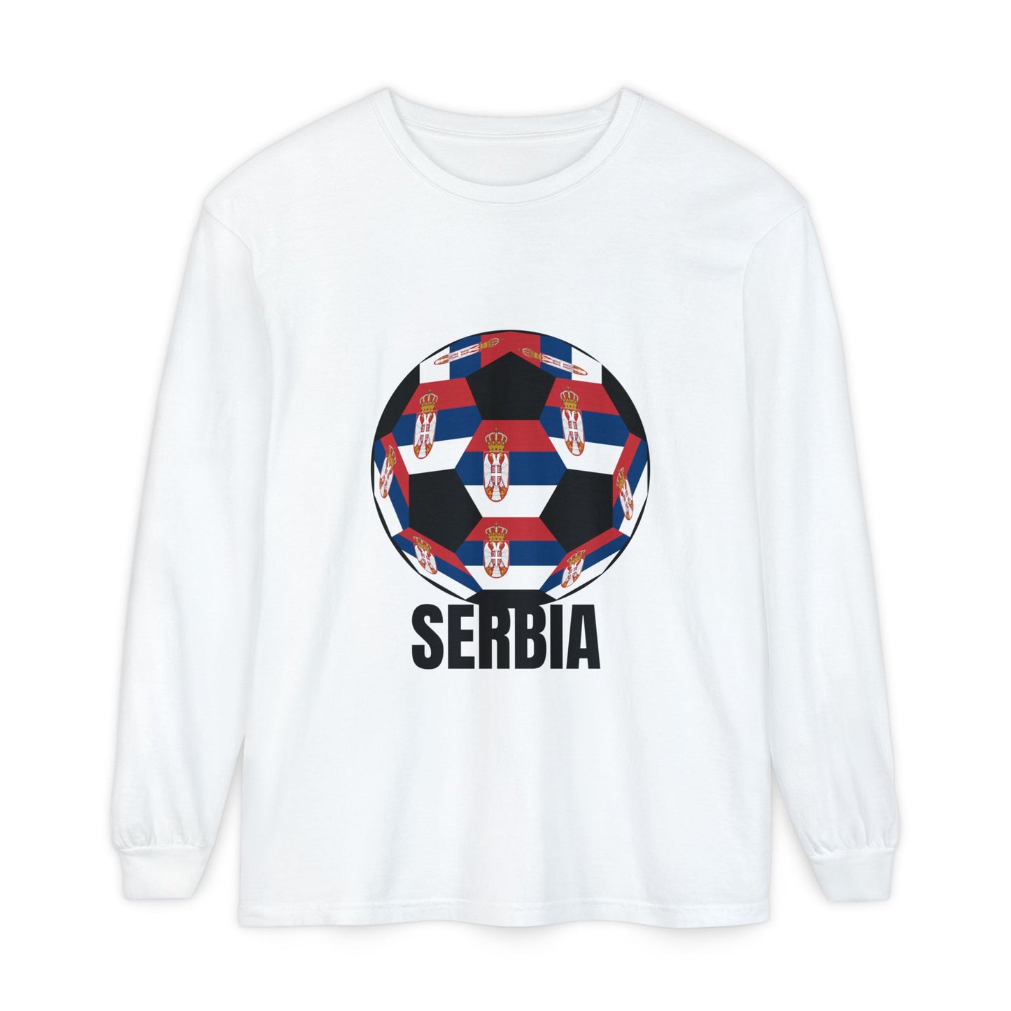Serbia Fan Specialty Soccer Ball Design T Shirt Long Sleeve Tee Black Print