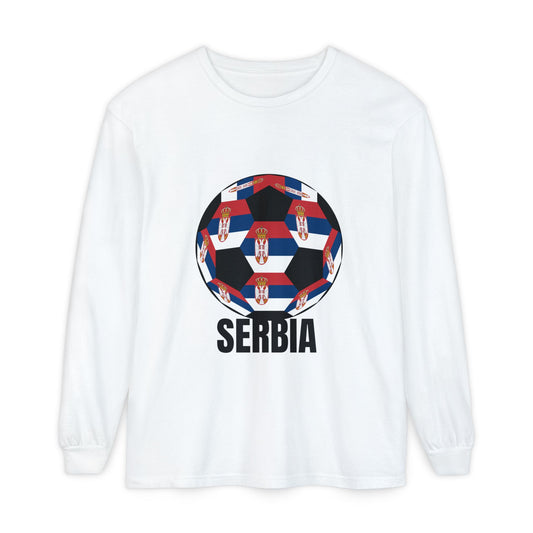 Serbia Fan Specialty Soccer Ball Design T Shirt Long Sleeve Tee Black Print