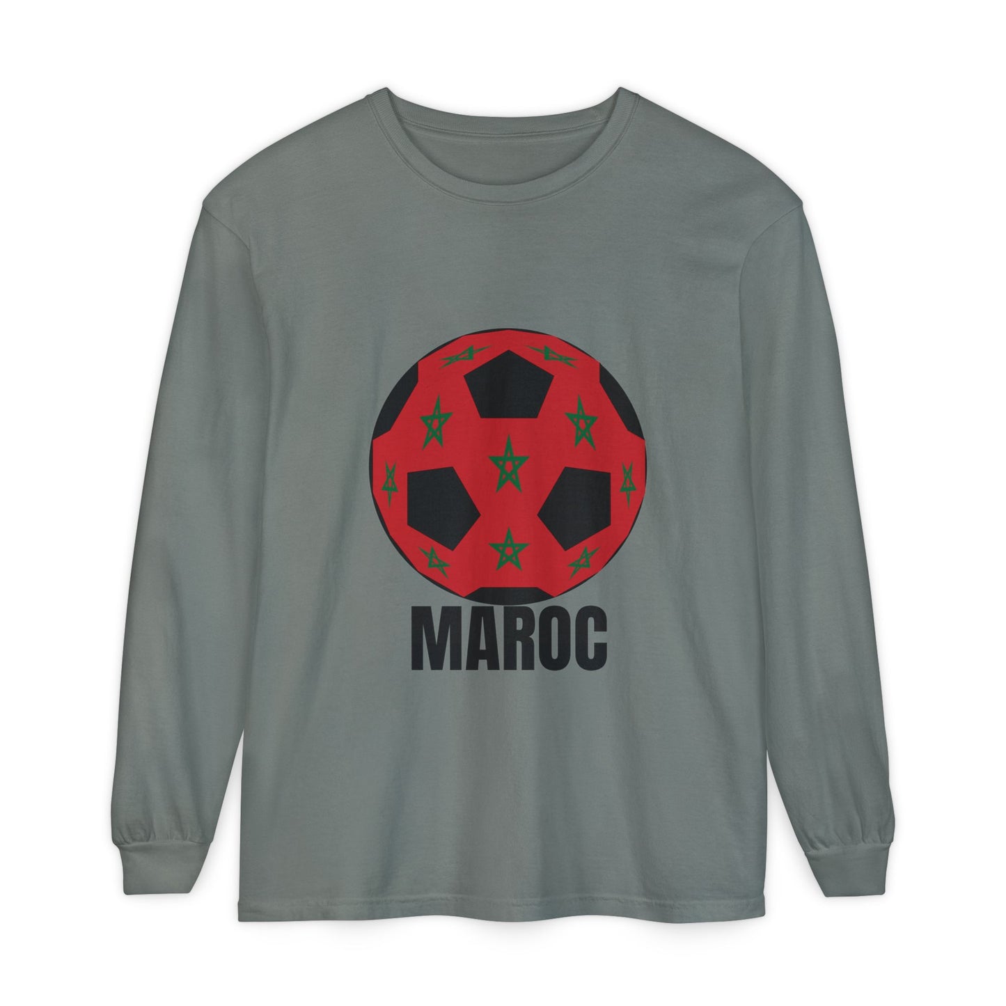 Morocco Maroc Fan Specialty Soccer Ball Design T Shirt Long Sleeve Tee Black Text