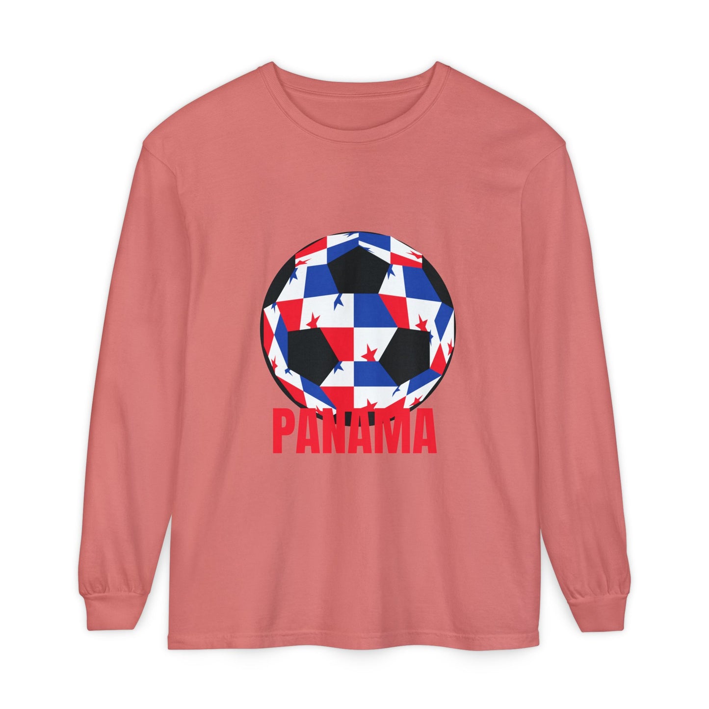 Panama Fan Specialty Soccer Ball Design T ShirtLong Sleeve Tee Red Text