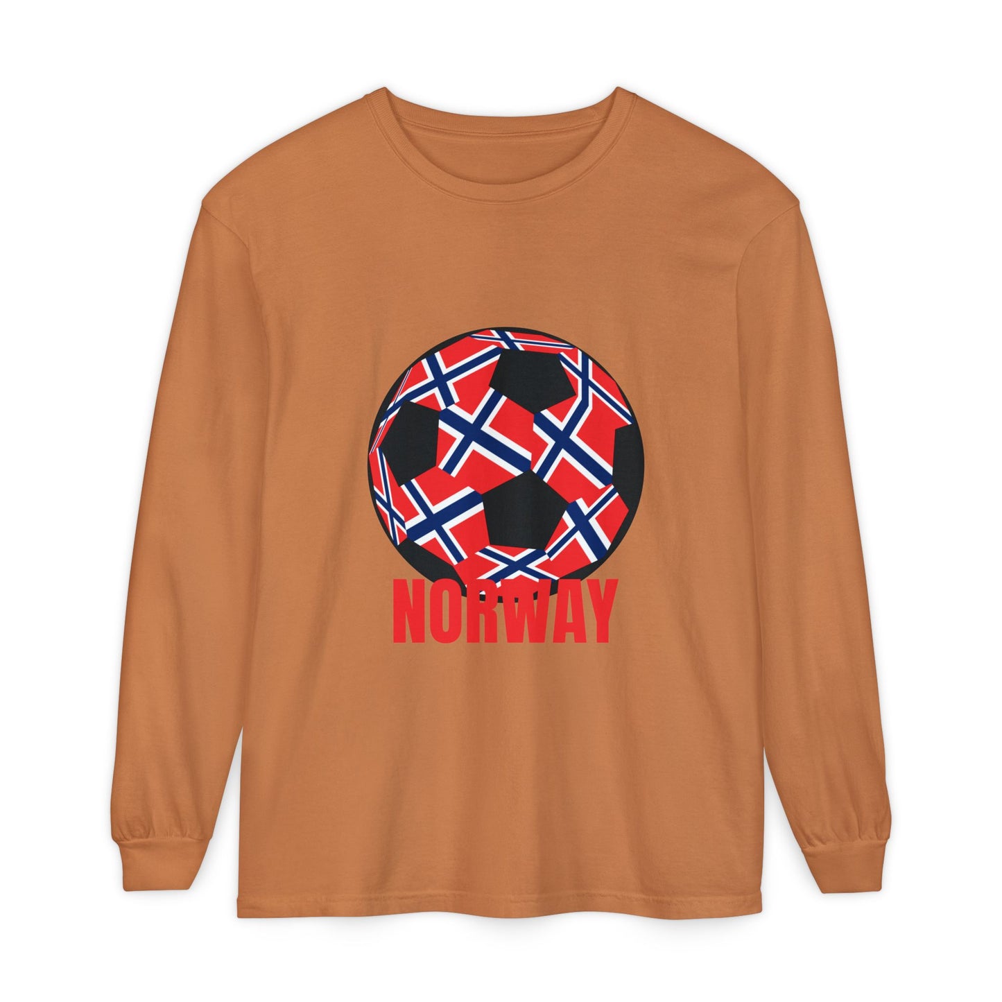 Norway Fan Specialty Soccer Ball Design T Shirt Long Sleeve Tee Red Print
