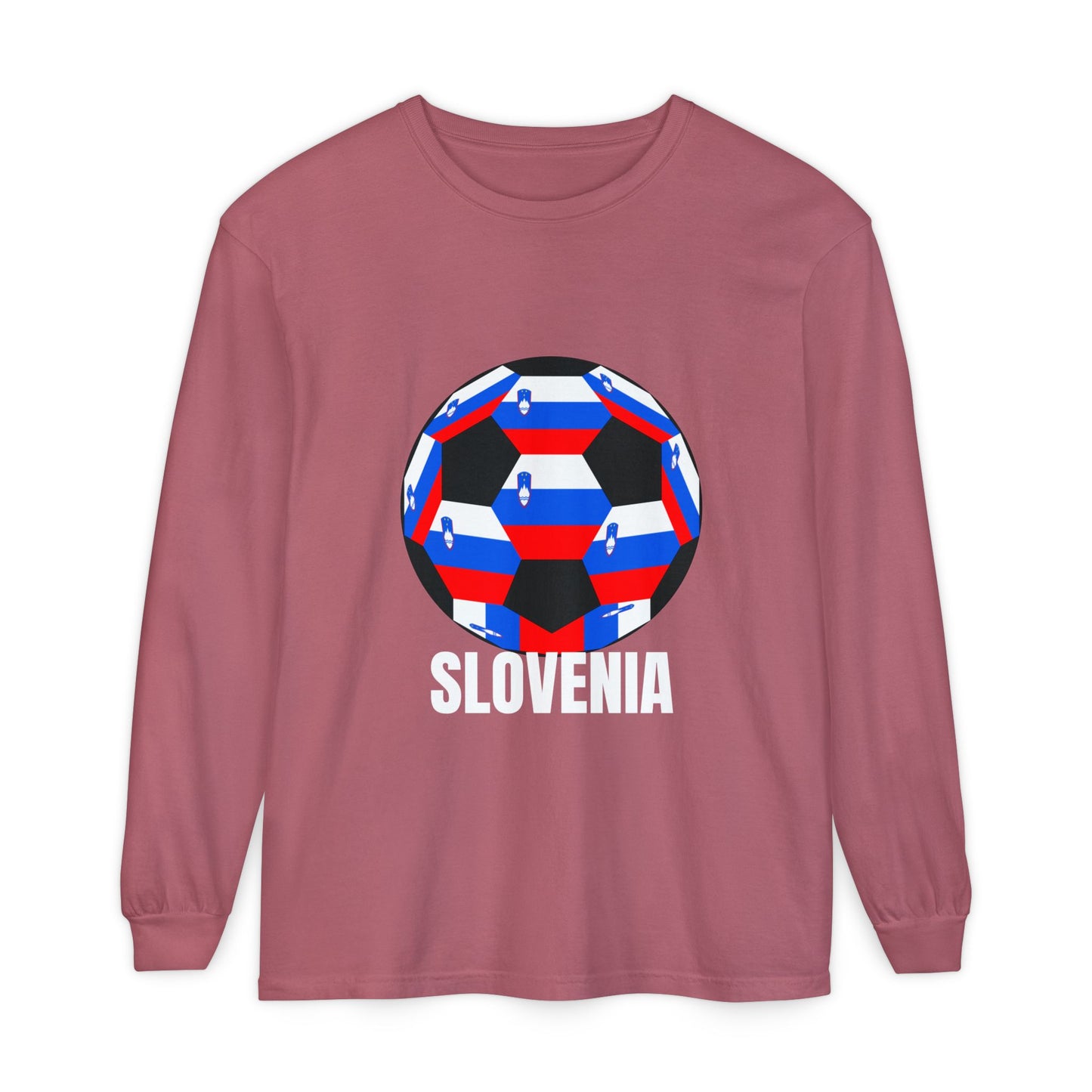 Slovenia Fan Specialty Soccer Ball Design T Shirt Long Sleeve Shirt White Text
