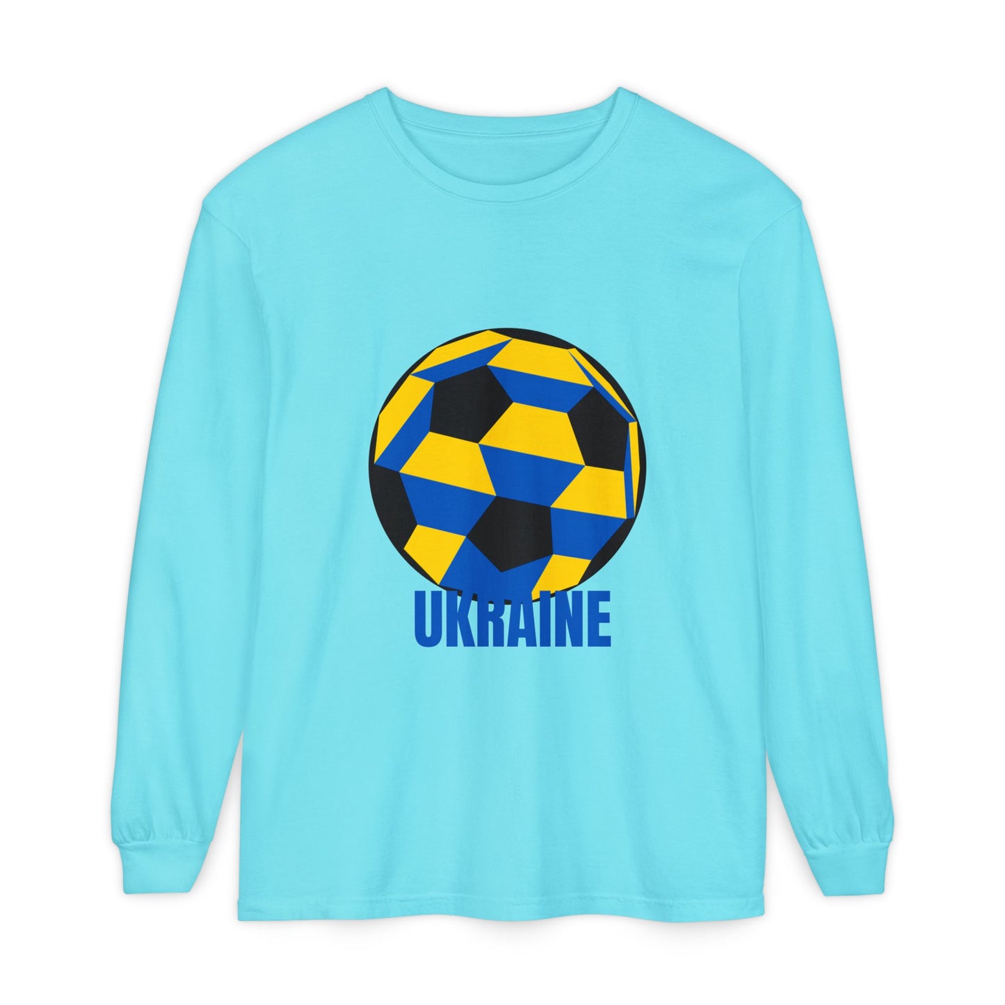 Ukraine Fan Specialty Soccer Ball Design Long Sleeve Tee Blue Text