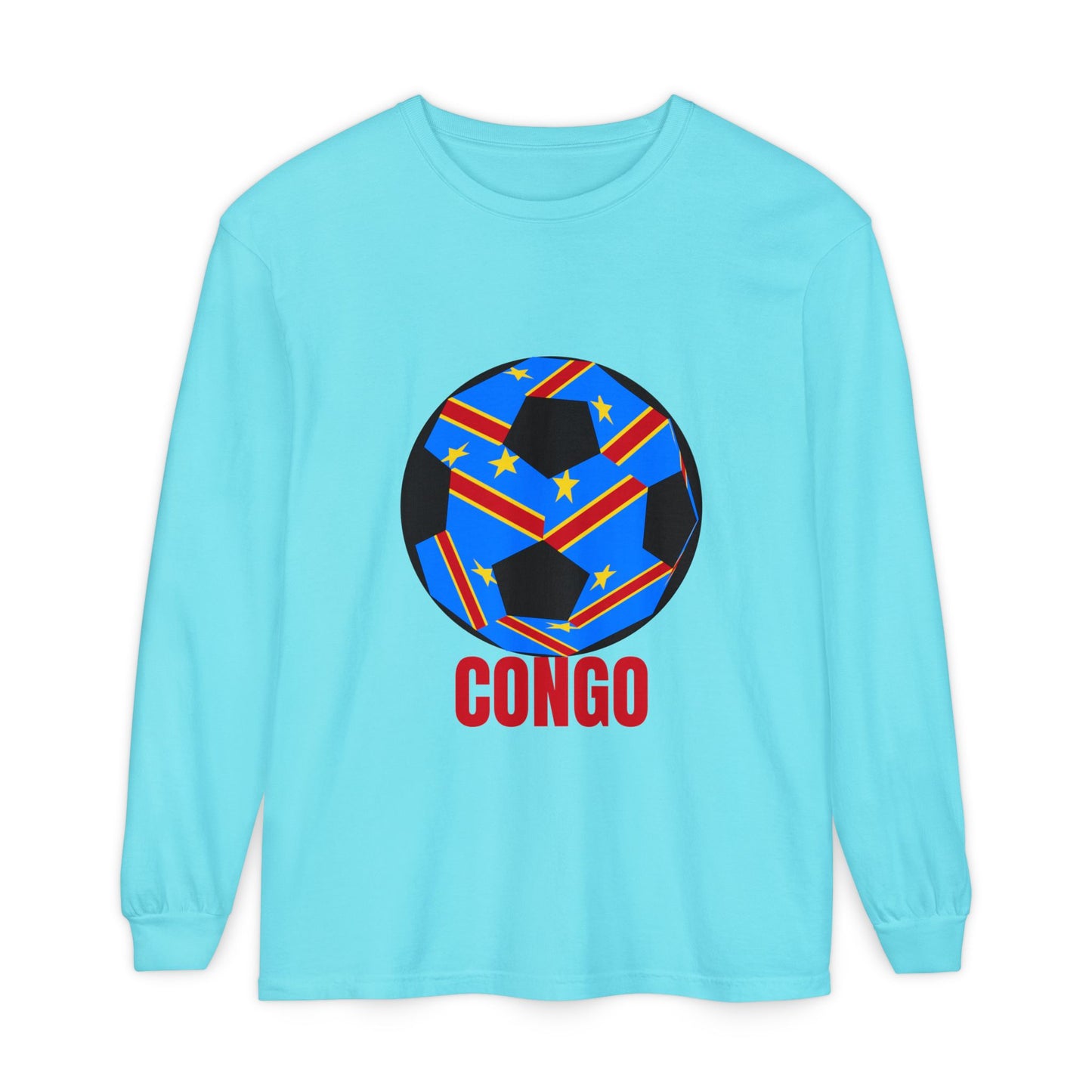 Congo Fan Specialty Soccer Ball Design T Shirt Long Sleeve Tee Red Text