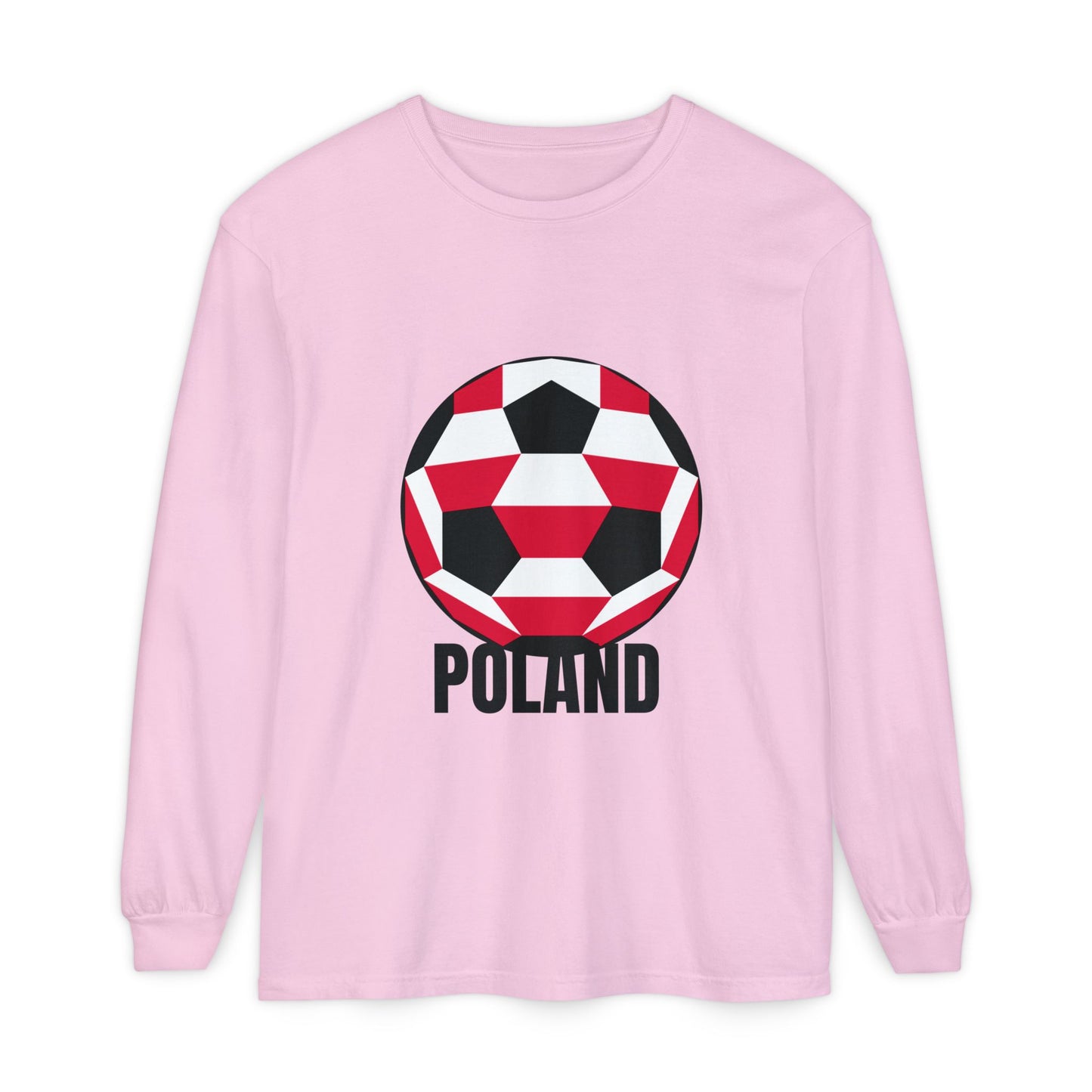 Poland Fan Specialty Soccer Ball Design T Shirt Long Sleeve Shirt Black Text