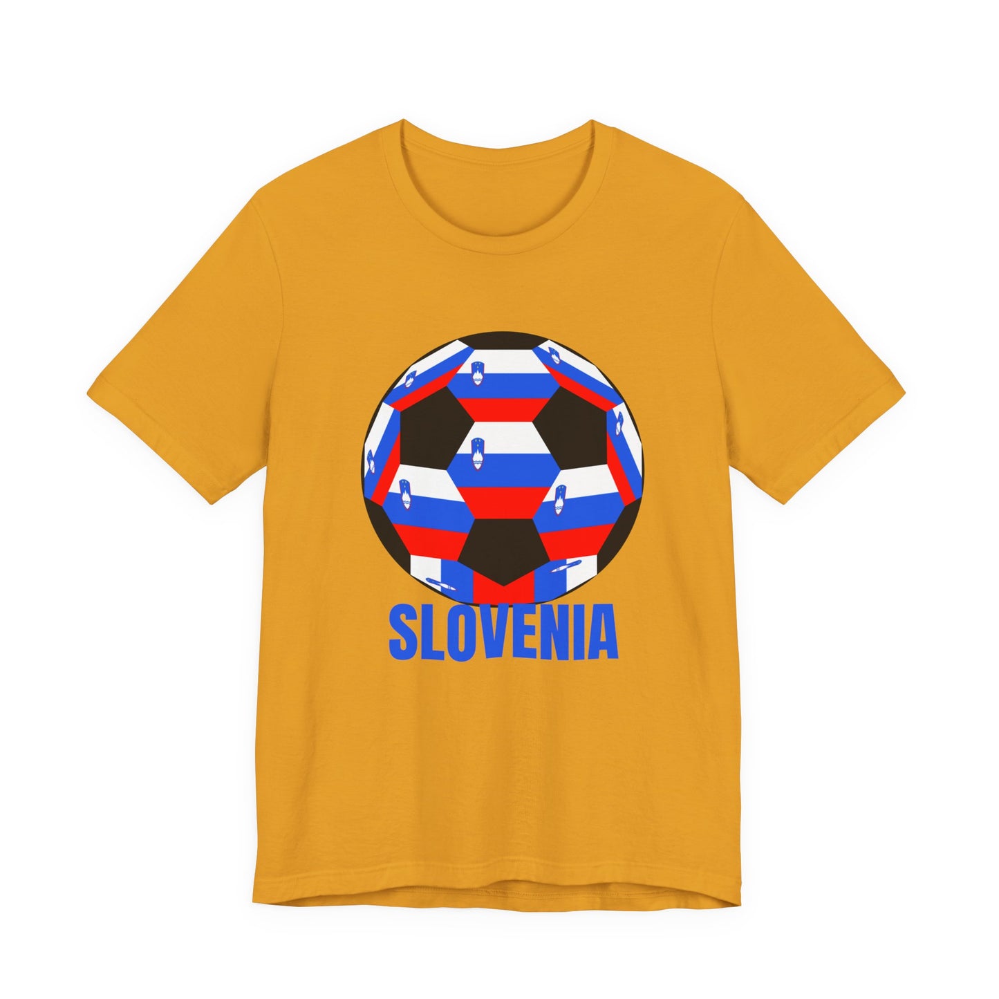 Slovenia Fan Specialty Soccer Ball Design T Shirt Blue Text