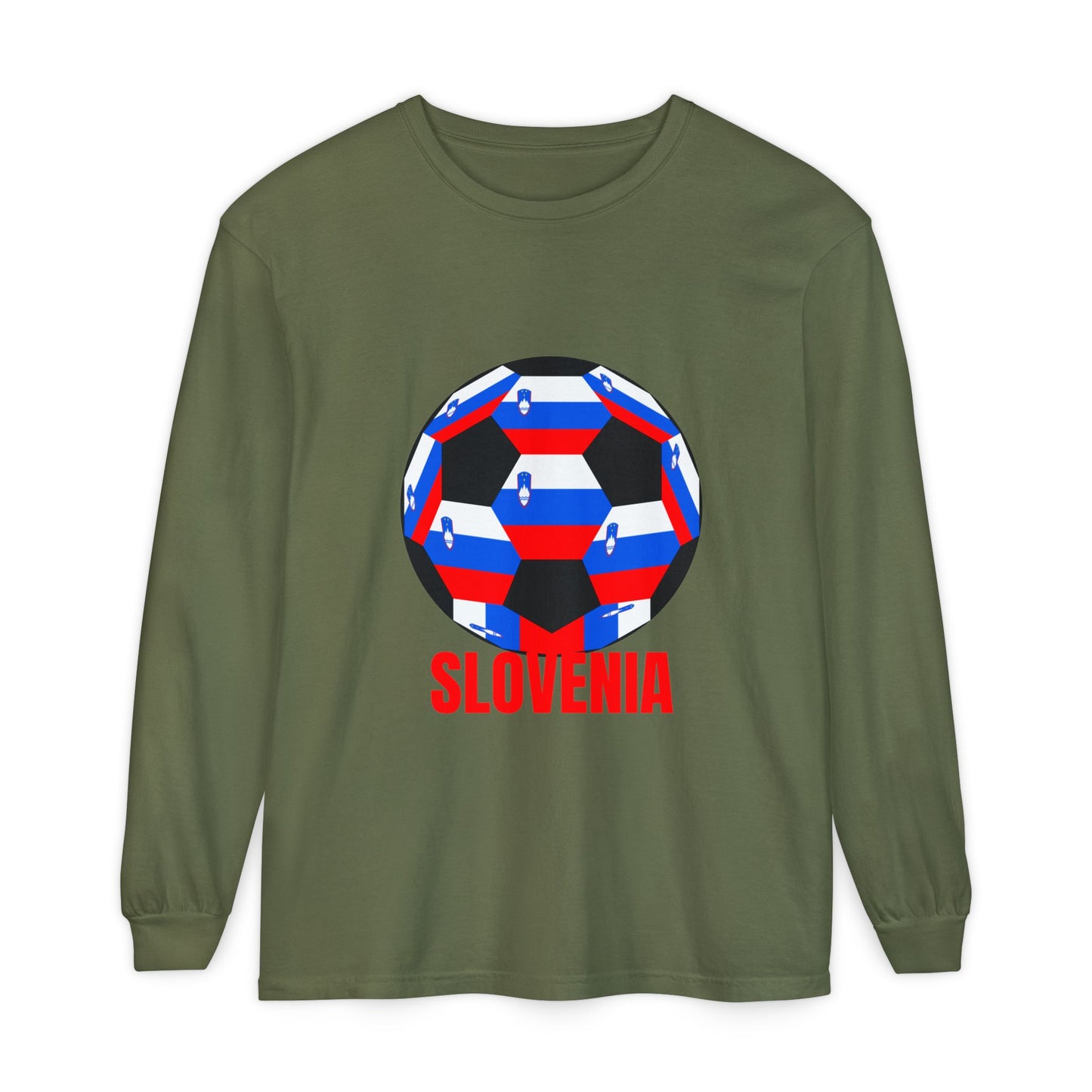 Slovenia Fan Specialty Soccer Ball Design Long Sleeve Shirt Red Text
